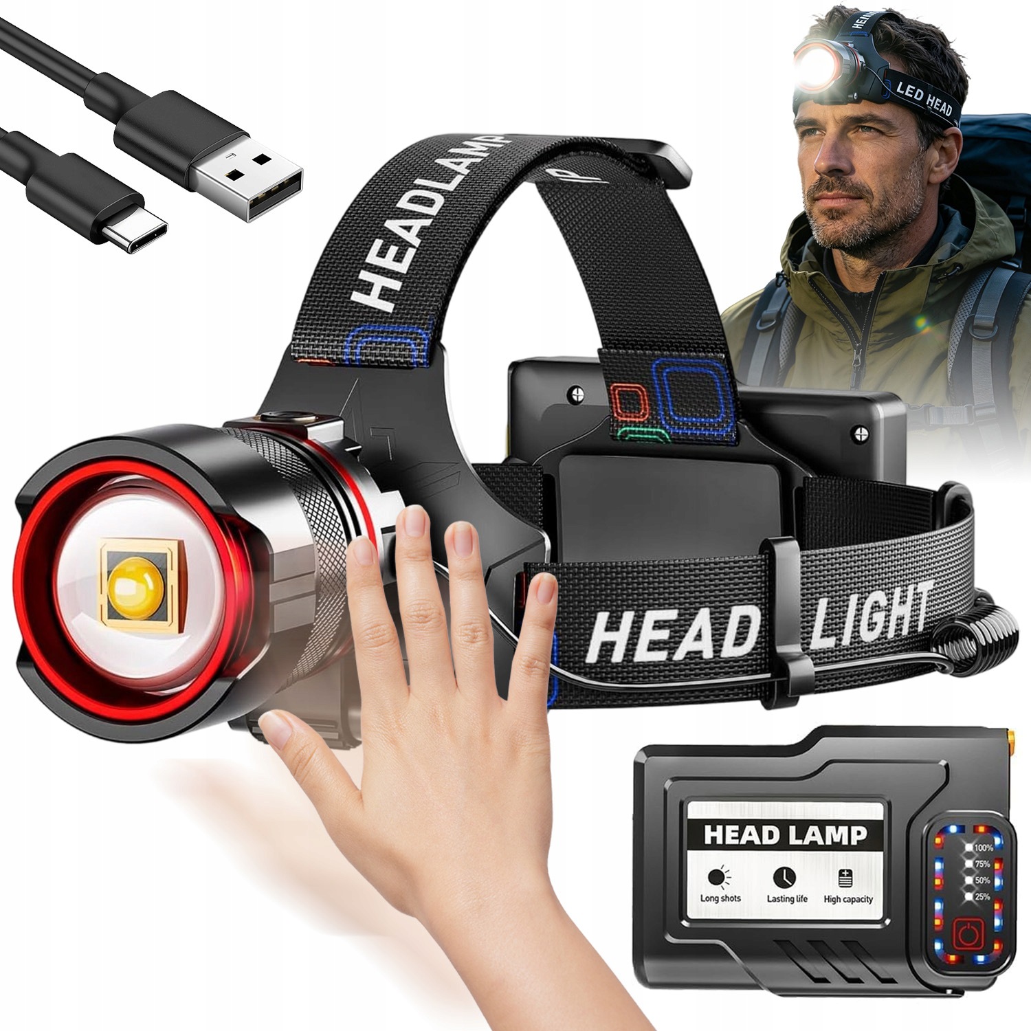 Čelovka Led Akumulátor Čelovka Výkonná Voděodolná Usb-c Lampa