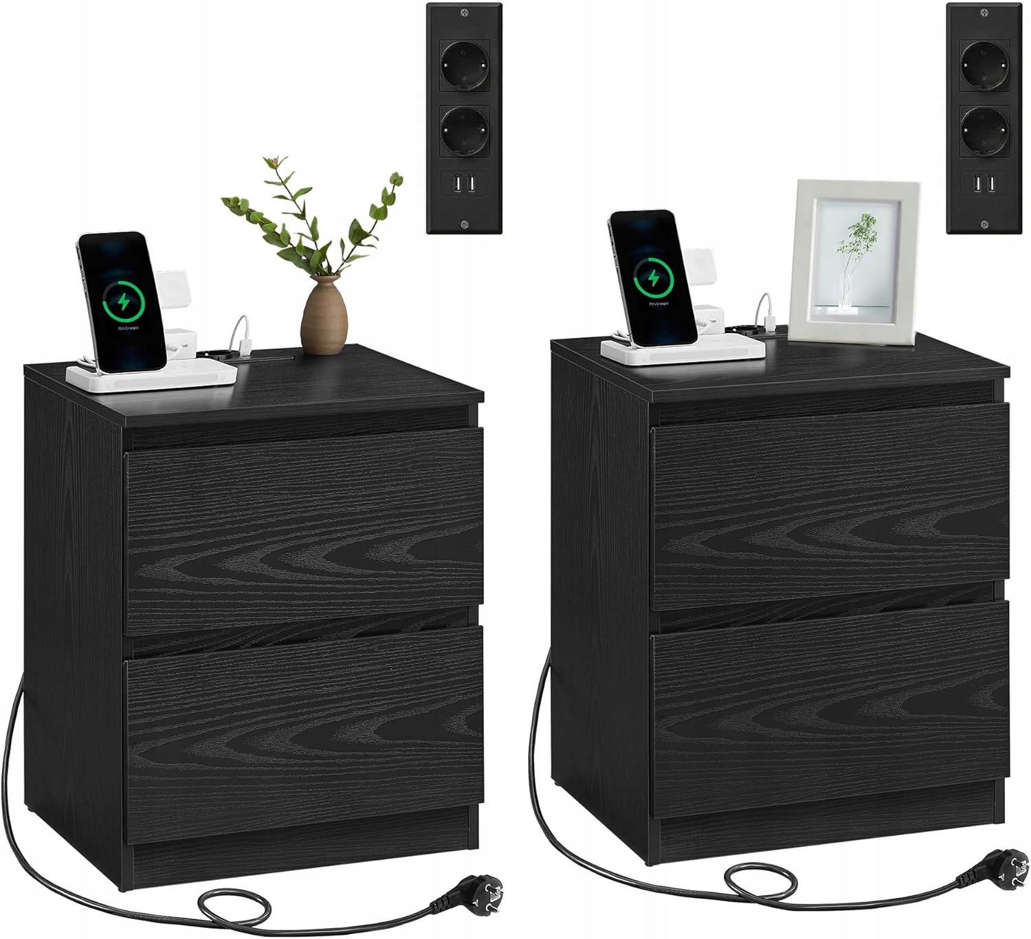 Nočné Stolíky Sada 2 Ks Skriniek, Napájací Panel Usb, Spálňa, Čierna