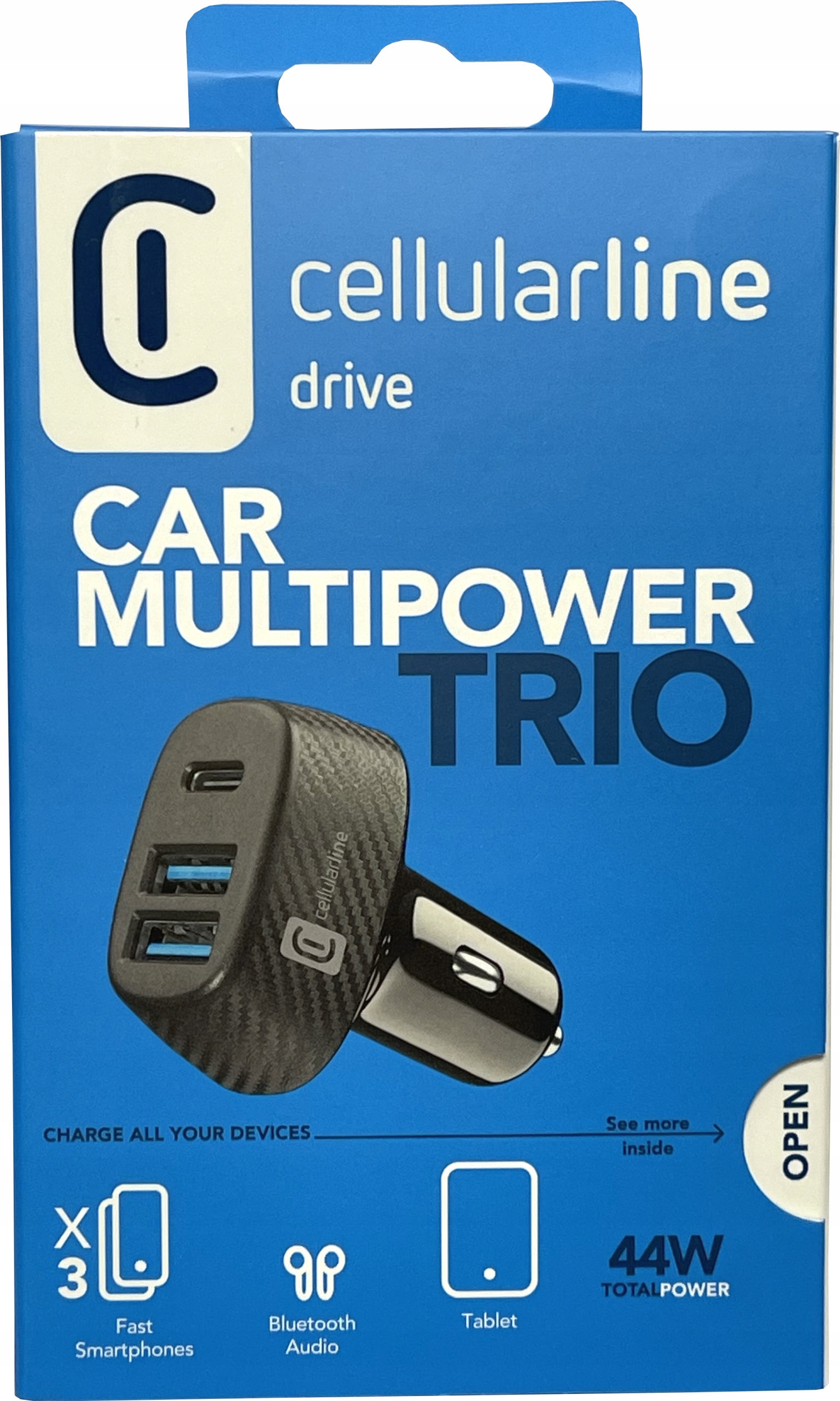 Cellularline szybka ładowarka samochodowa Multipower 3 porty 44W Pd czarna