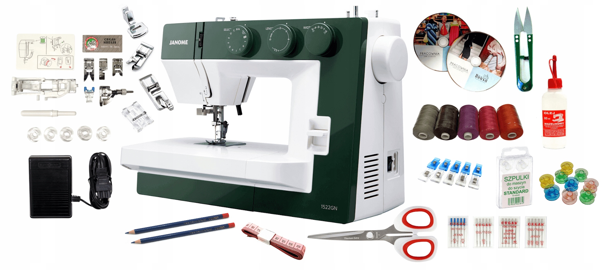 Maszyna do szycia Janome 1522 Gn zielona gratisy nici stopki nożyczki