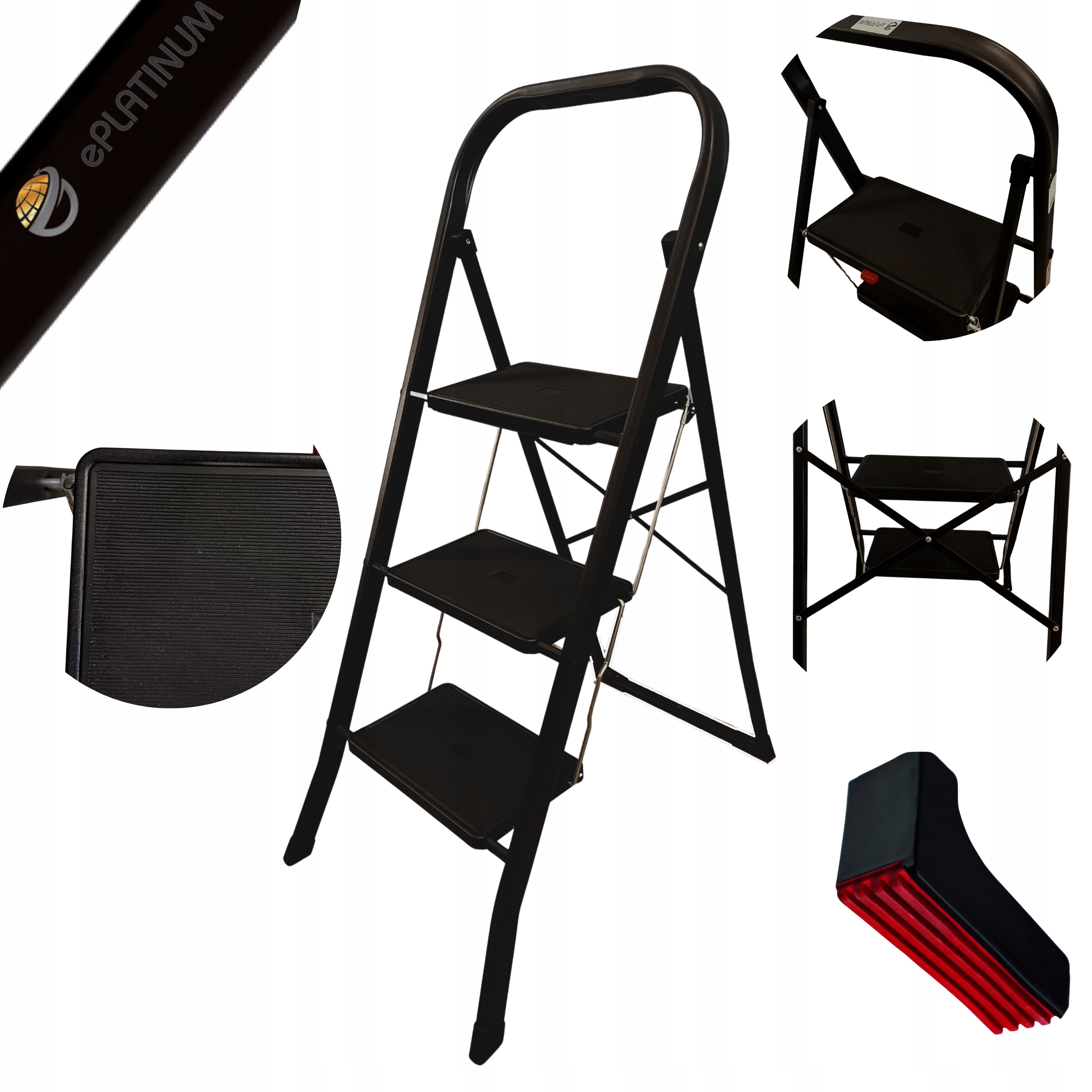 Žebřík Loftový Lehký Skládací Černý Žebřík 3 Stupně Ocelový