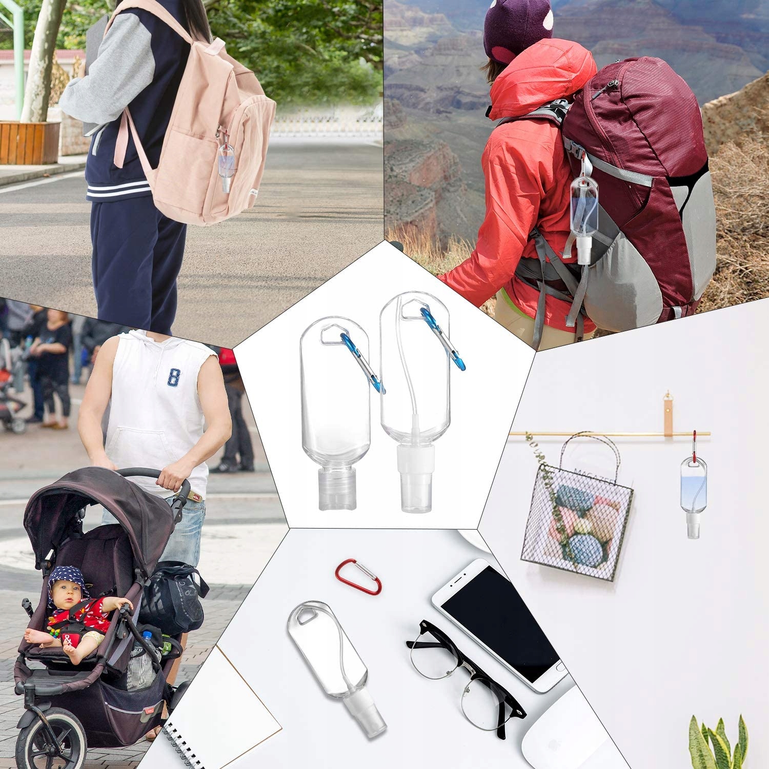 PLASTIKOWE BUTELKI PODRÓŻNE Z HACZYKAMI 50ML 6 SZT Rodzaj inny