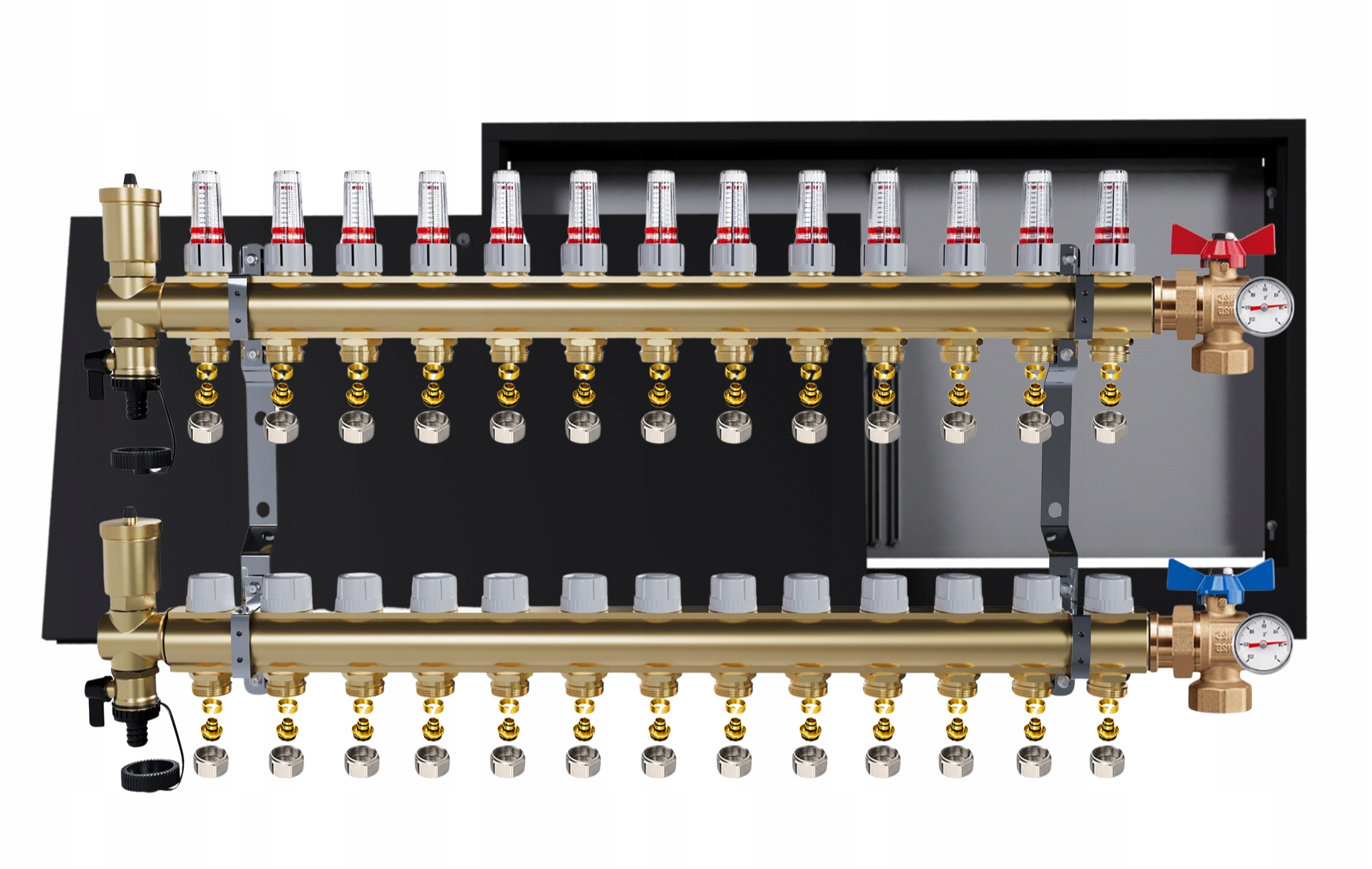 Rozdělovač Pro Podlahovku 13 Okruhů Ventily Teploměr Skříňka Pex