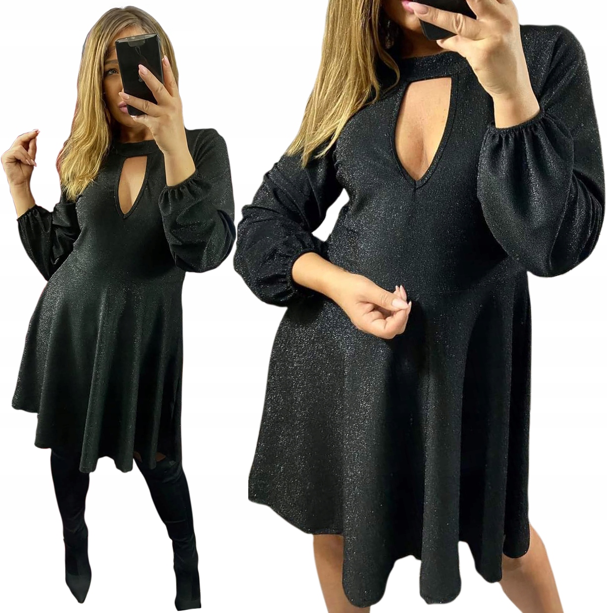 Šaty Midi Brokátová Lesklá Choker Prošívaná Večerní vel 44
