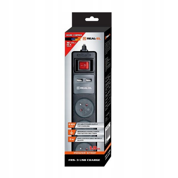 Anty Przepięciowa Listwa 3 gniazda + 2 x USB Jakość Sklep Real-el Warszawa Kod producenta LISTWA 3 GNIAZDA + 2 X USB