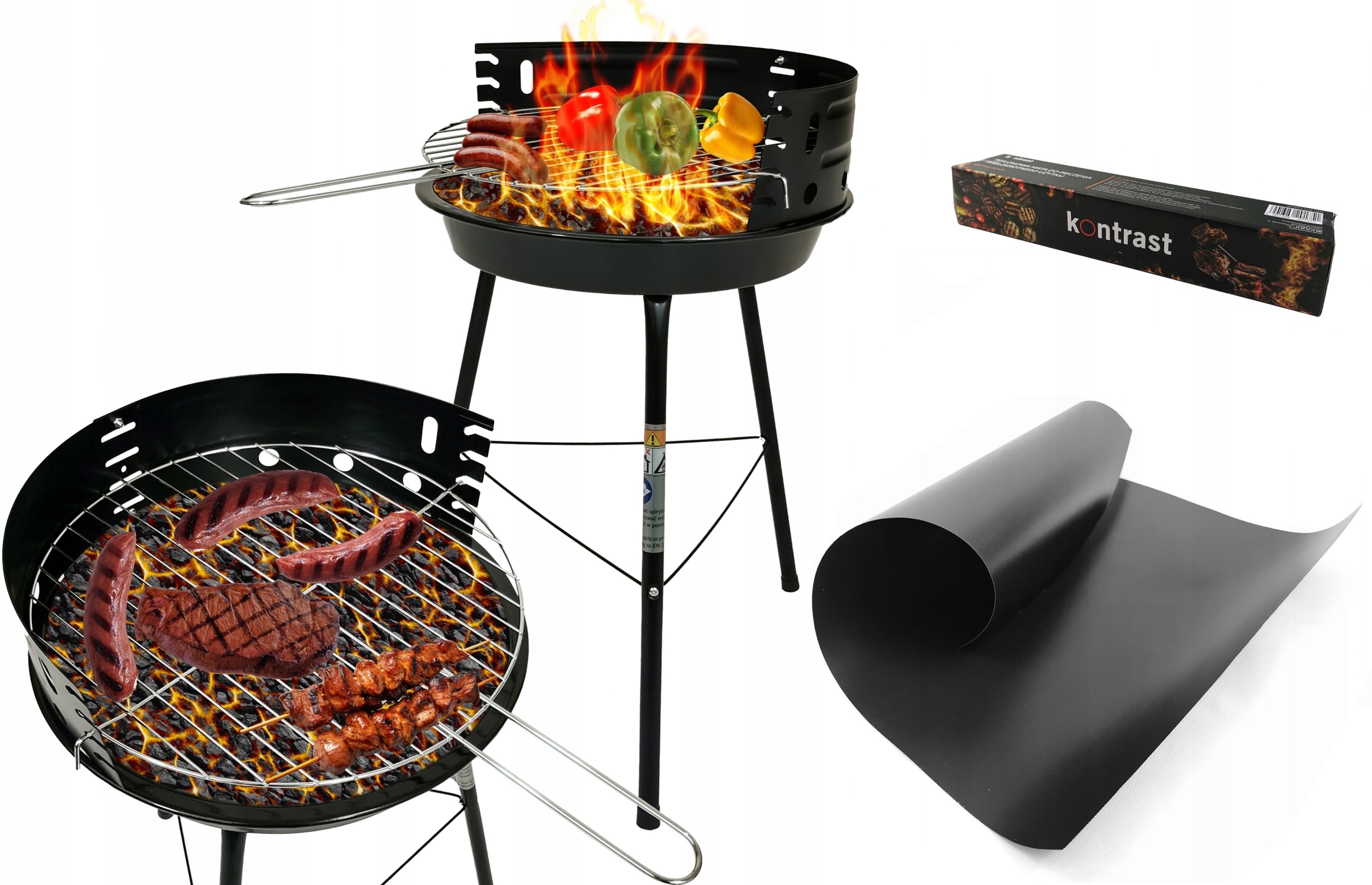 ZESTAW GRILL WĘGLOWY OKRĄGŁY TURYSTYCZNY RUSZT + 4x MATA TEFLONOWA BBQ 1007 Stan opakowania oryginalne