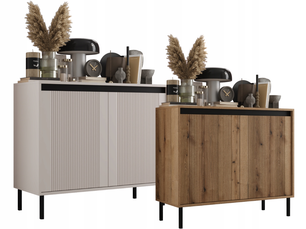 Komoda Ryflovaná 2-dvéřová 100x85 Nordic Lamele Nožičky Béžová Písková Evoke