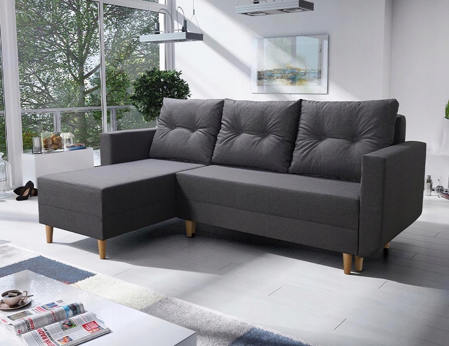 Skandinávský rohová sedací souprava Baldur tmavě šedý s pružinou bonell