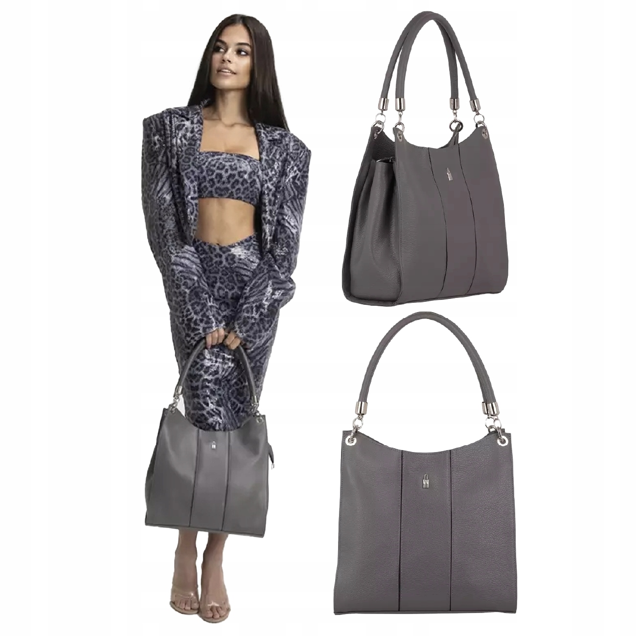 Šedá dámská kožená kabelka přes rameno Elegantní taška značky Wojewodzic
