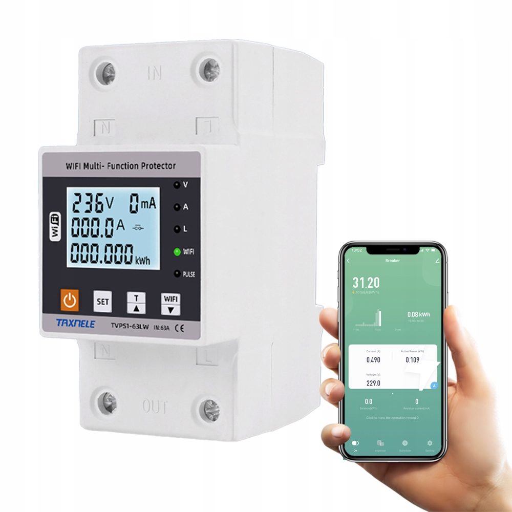 

Licznik energii Tuya WiFi 63A rozłączanie L i N