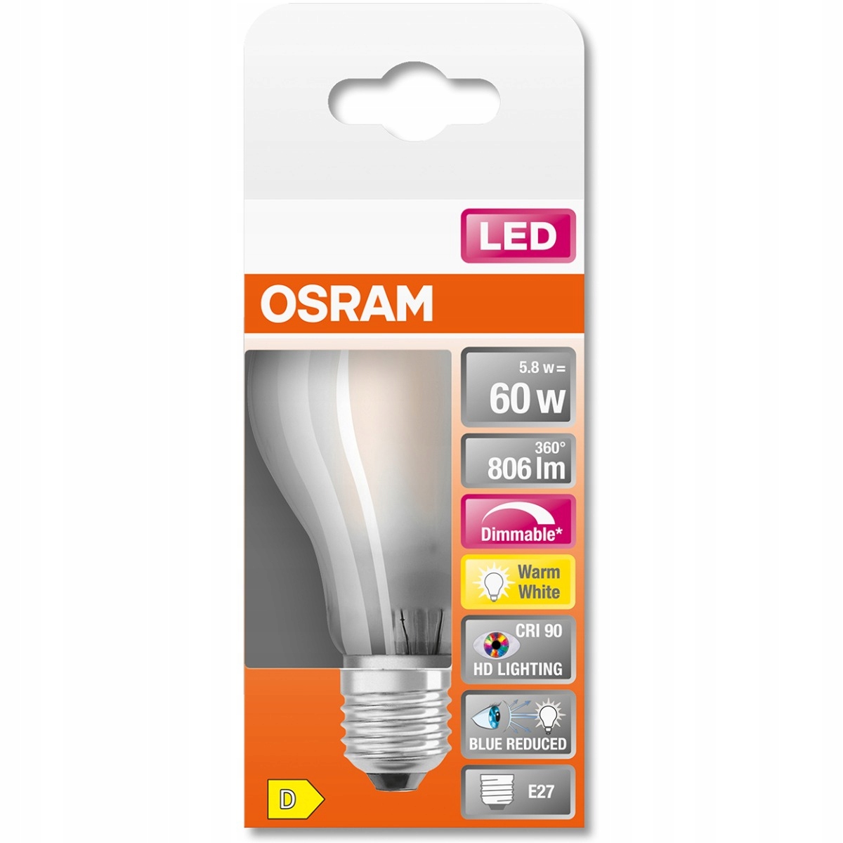 Żarówka LED E27 A60 5,8W 2700K Ściemnialna OSRAM Marka Osram
