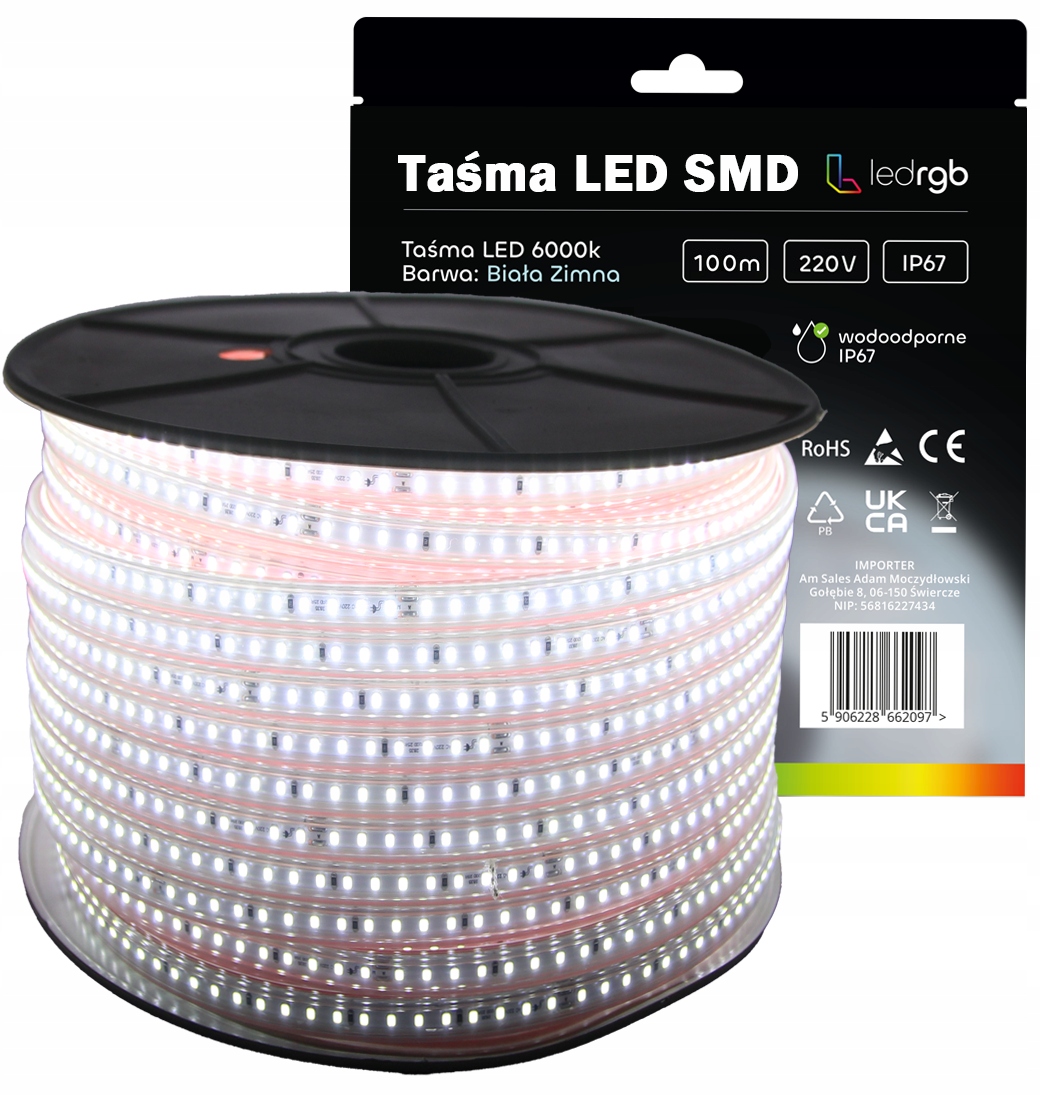 Led pásek Smd 2835 220V 230V 100m 6000K Bílý Studený Voděodolný IP67 10mm