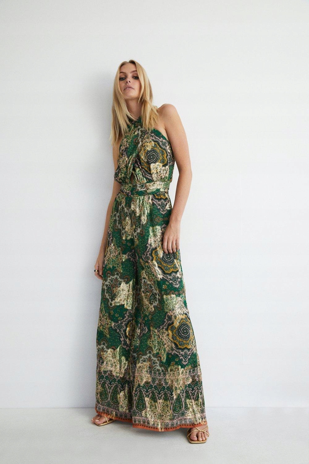 Zelená Vzorovaná Kombinéza Se Zavazováním Kolem Krku Warehouse