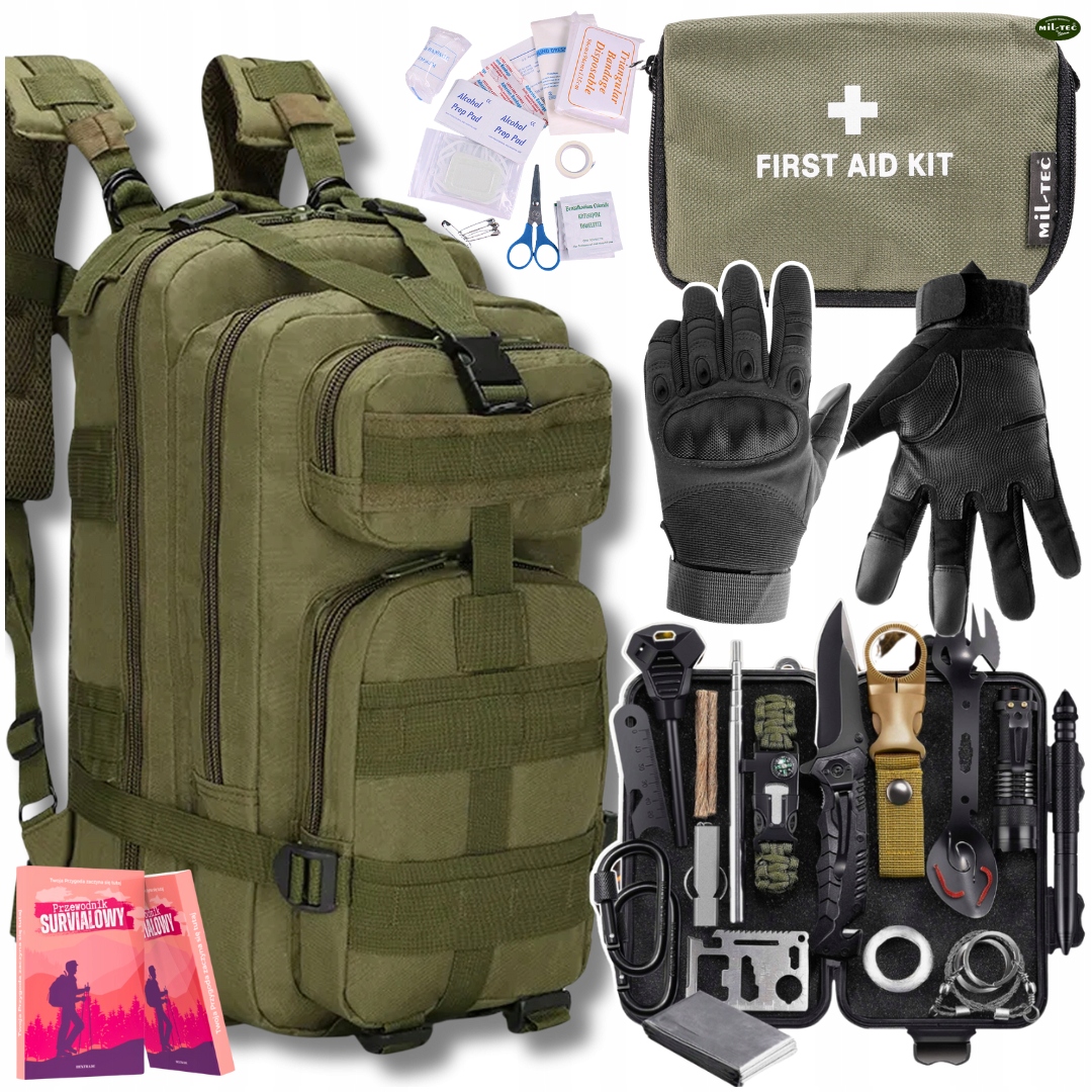 Set Survival 32w1 Plecak Militarny Rękawice Taktyczne Apteczka Mini 21 el