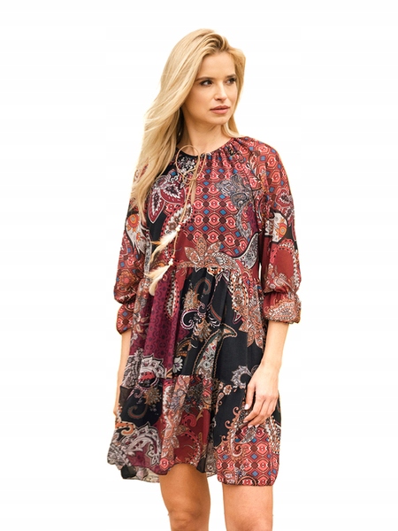 

901H Wzorzysta Bordowa Krótka Sukienka L/XL - 41