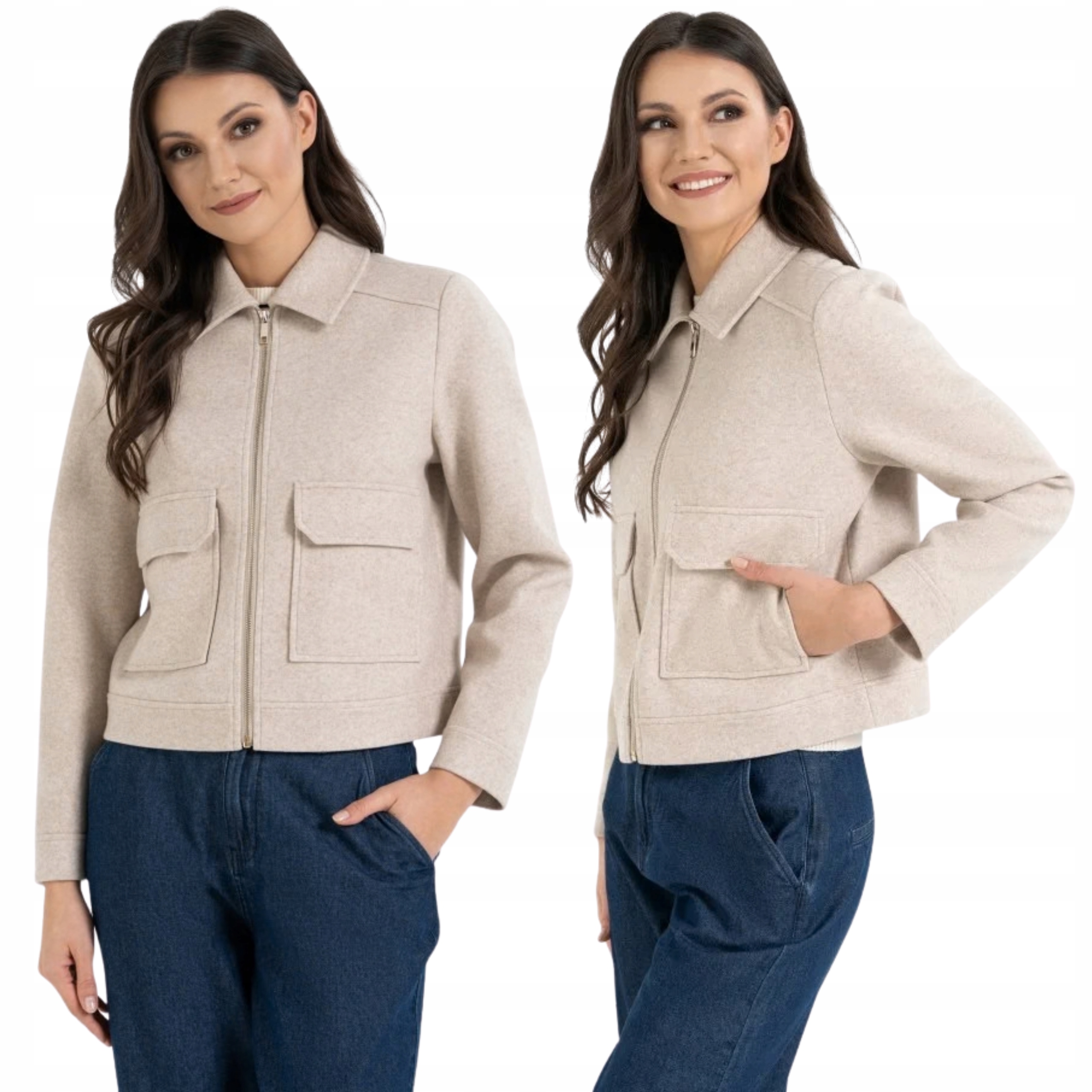 Kurtka Damska Bomberka Kołnierz Kieszenie Modna Beżowa Moraj 3XL