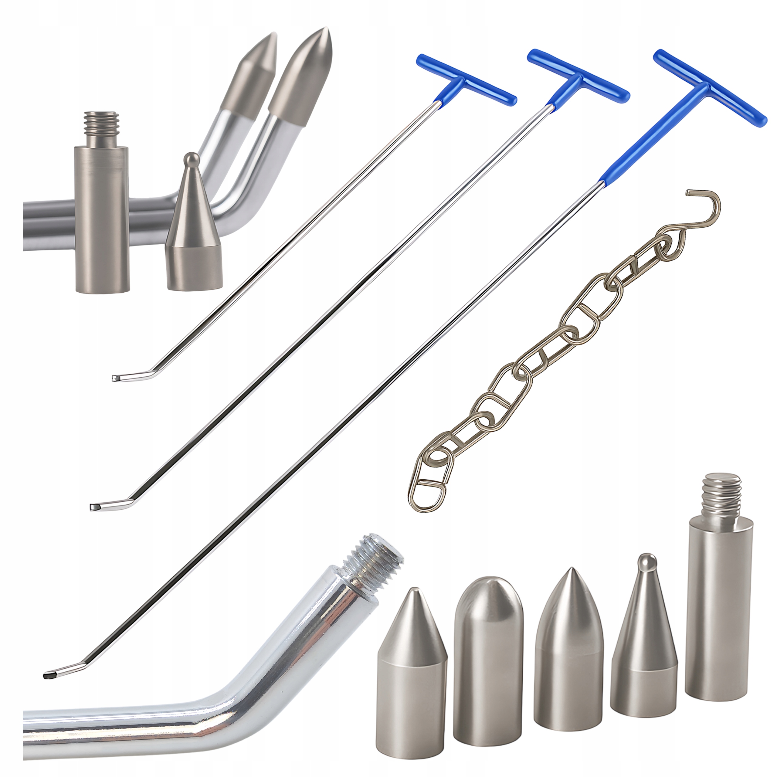 Sada tyčí na opravu promáčklin karoserie, 3 ks s výměnnými hlavicemi a prodloužením