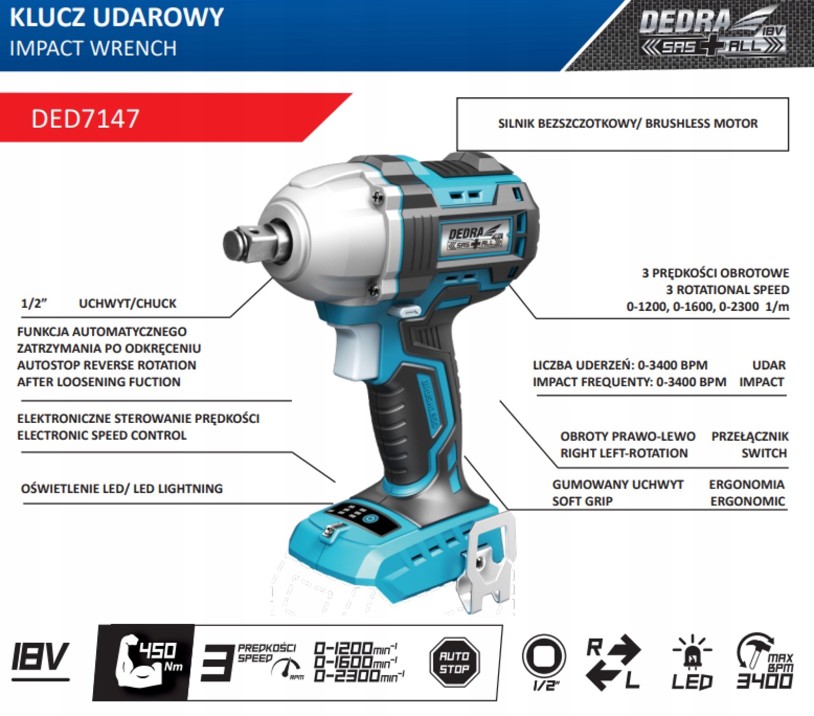 DEDRA KLUCZ UDAROWY AKUMULATOROWY SAS+ALL Zasilanie akumulatorowe