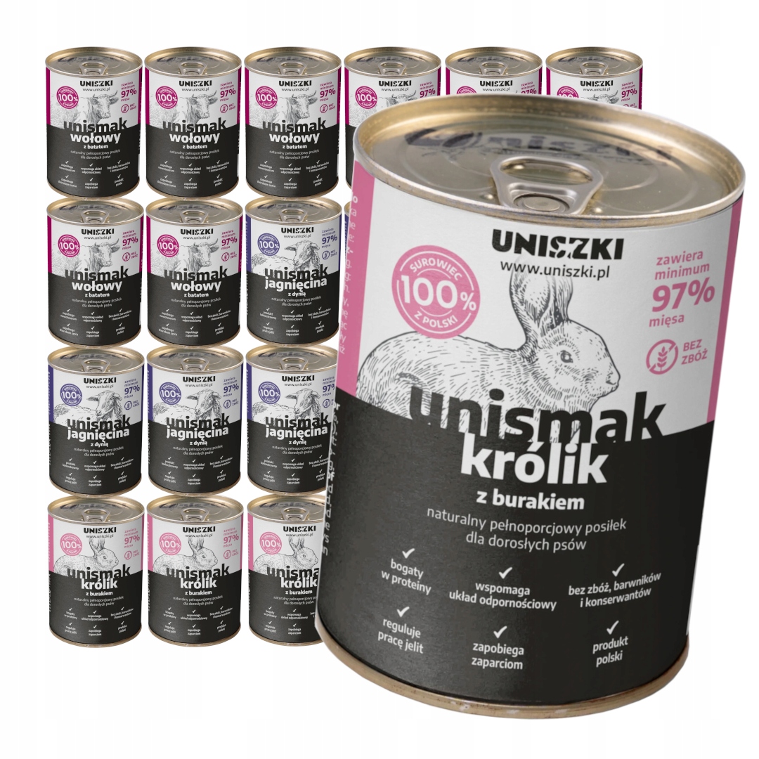 Levně Uniszki Unismak 24x400g Vlhké Krmivo pro psa Mix jehněčího masa Králík hovězí