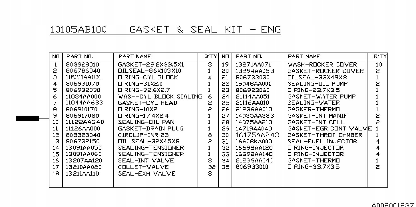 SUBARU FORESTER ZESTAW USZCZELEK SILNIKA EJ253 2.5 Producent części Subaru OE