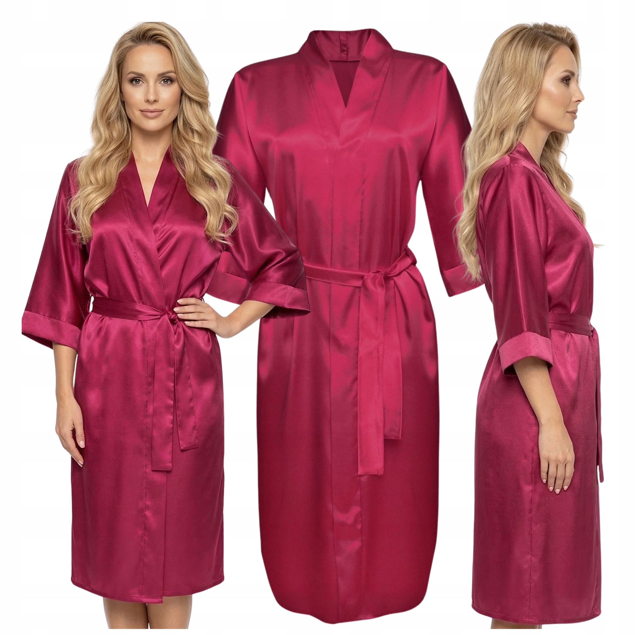 Župan Dámský saténový župan s dlouhým zavazováním v pase Kimono bordo L
