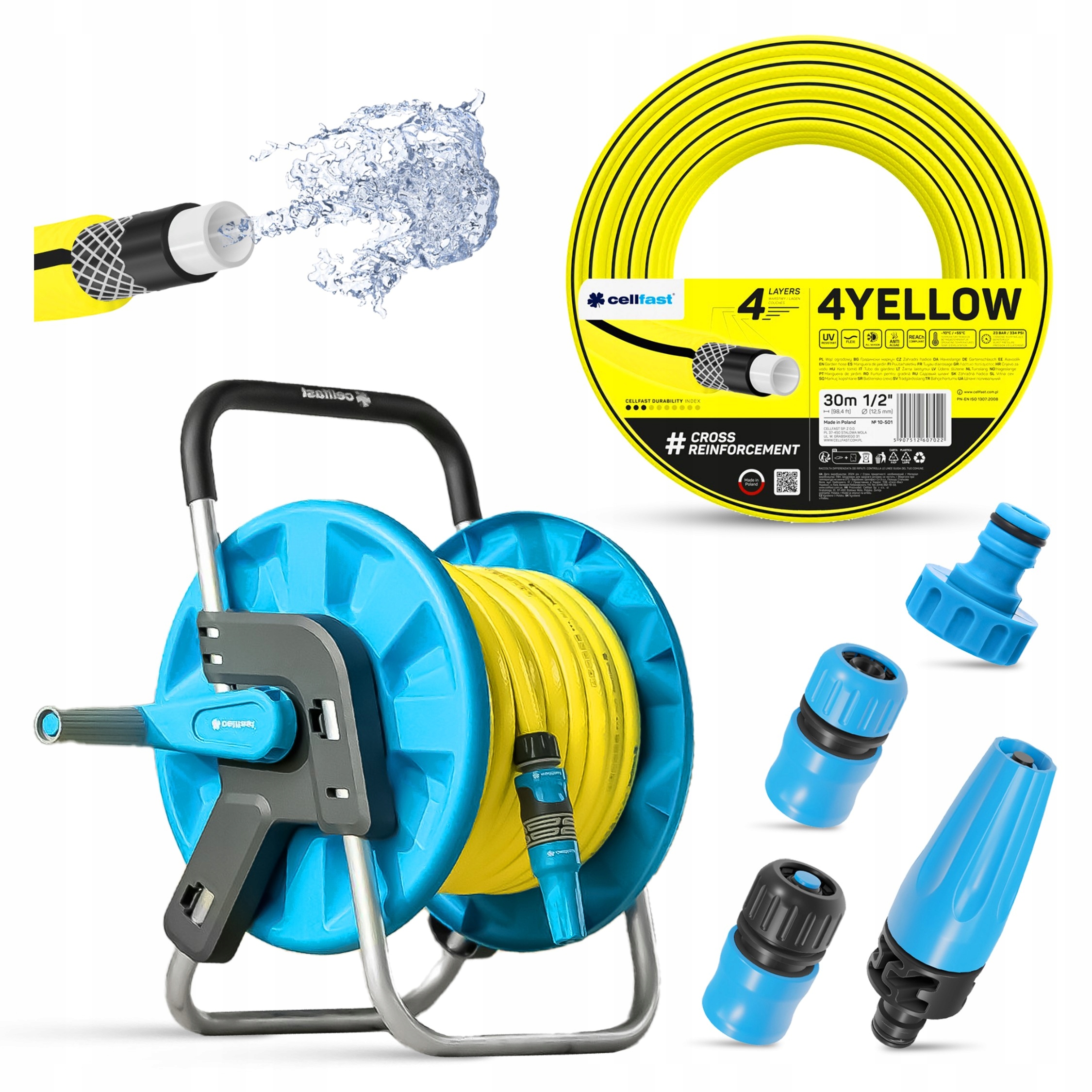 Wąż ogrodowy 4YELLOW 30m 1/2" na wózku Aluplus zestaw zraszający Basic