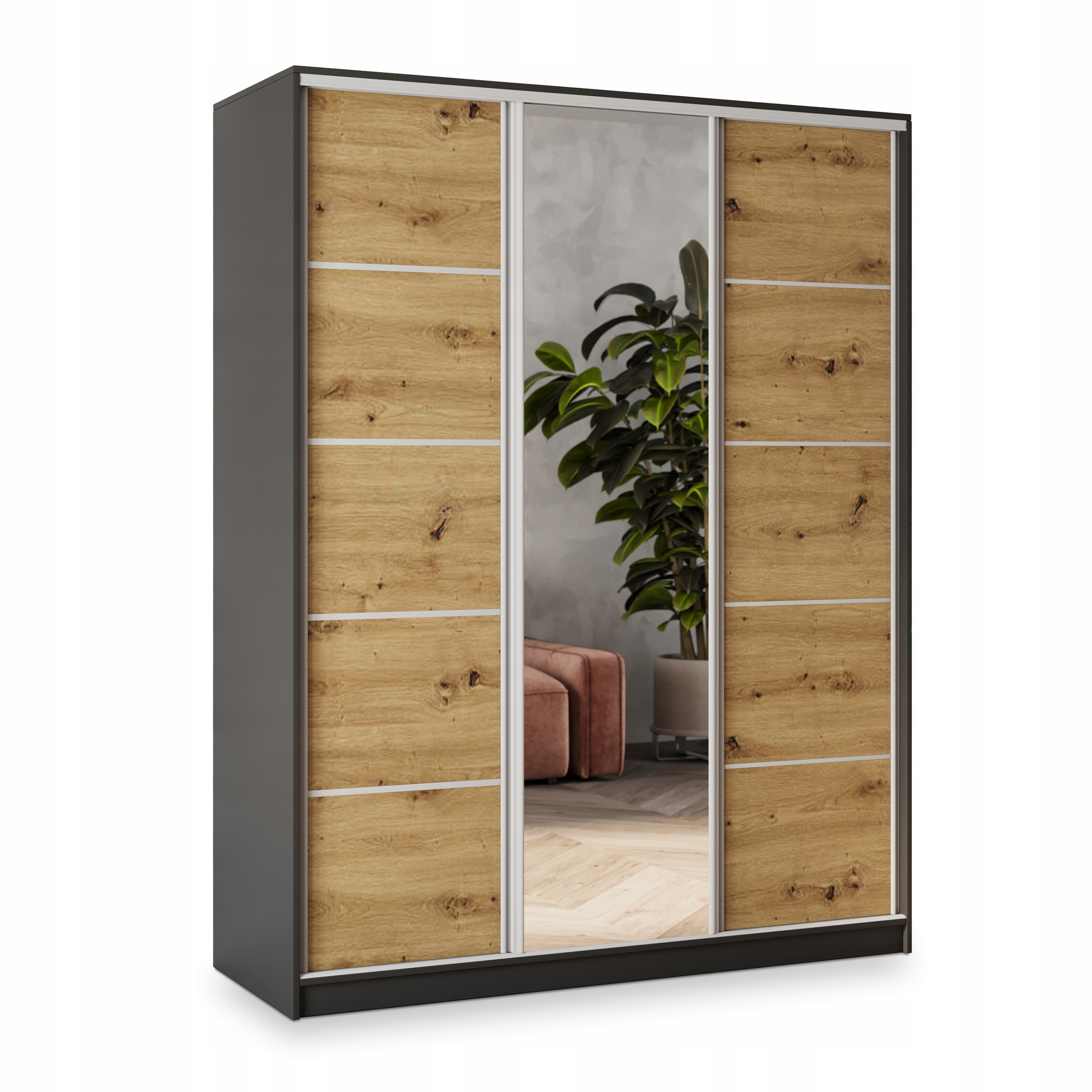 Skříň 160 cm se zrcadlem Zásuvky Police Černá Dub Artisan