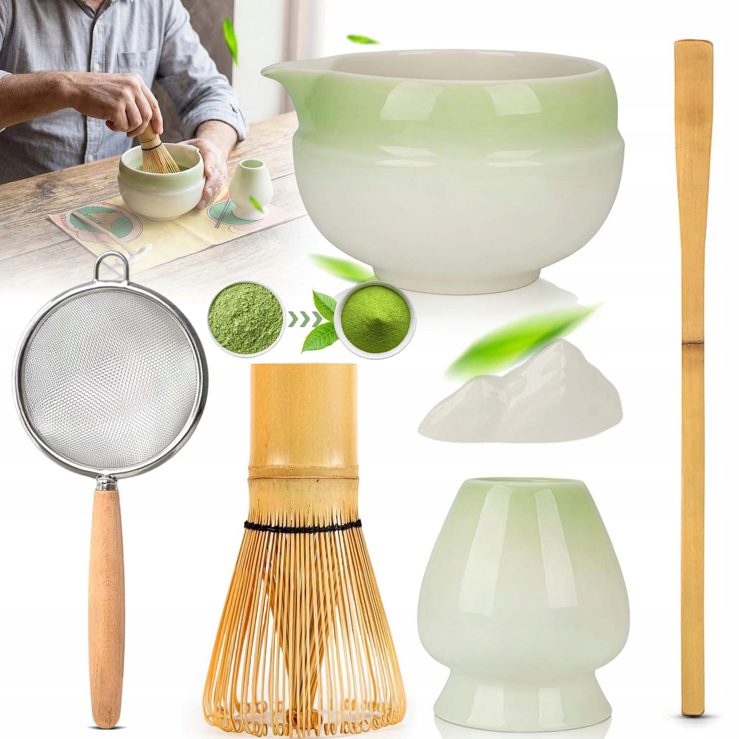 Zestaw Prezentowy Do Herbaty Matcha Czarka Miotełka Podstawka Łyżeczka 7W1
