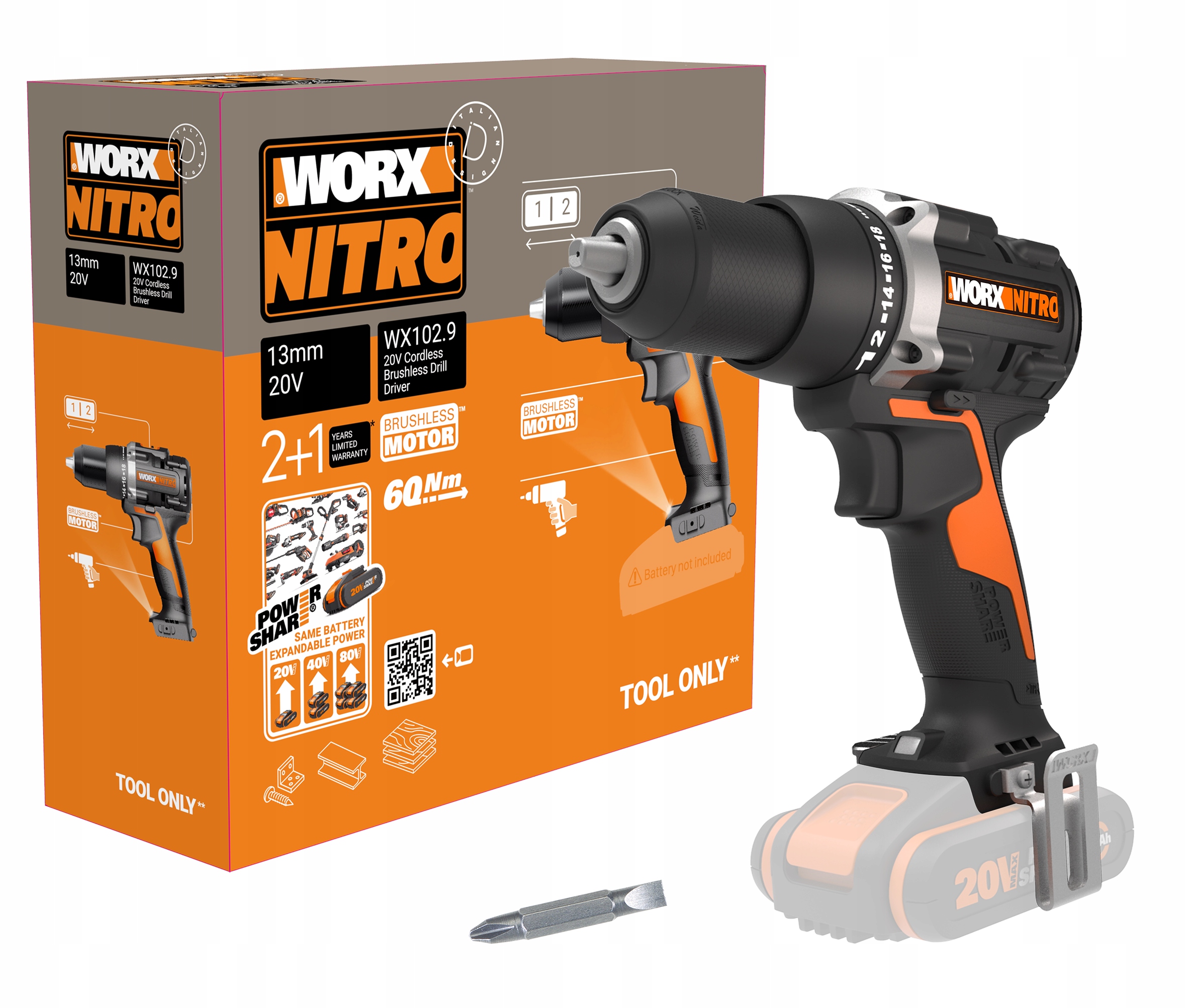 Wkrętarka Worx WX102.9 60Nm 13mm Bezszczotkowa 20V Nitro PowerShare