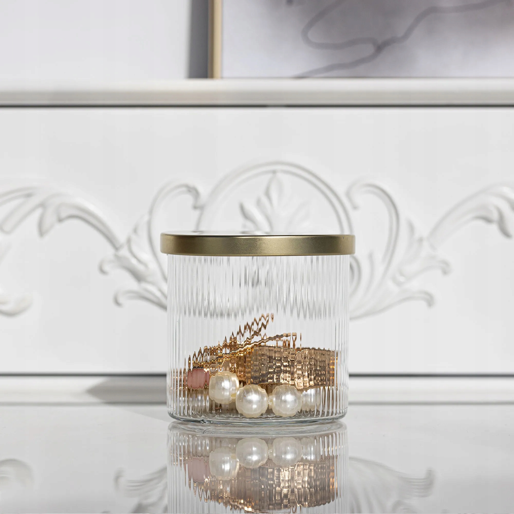 SZKLANE Pojemniki Ze Złotymi Pokrywkami PRĄŻKOWANE Zestaw 3x H10 cm Maks. szerokość 10 cm