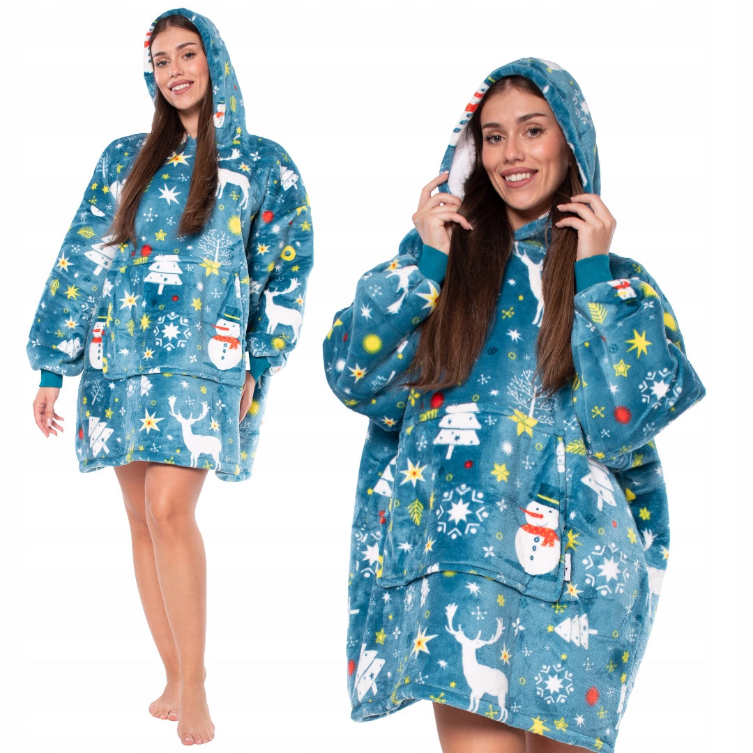 Mikina Deka Mikinová Deka 2v1 Oversize Kapuce Tlustá Sherpa Modrá Sněhulák