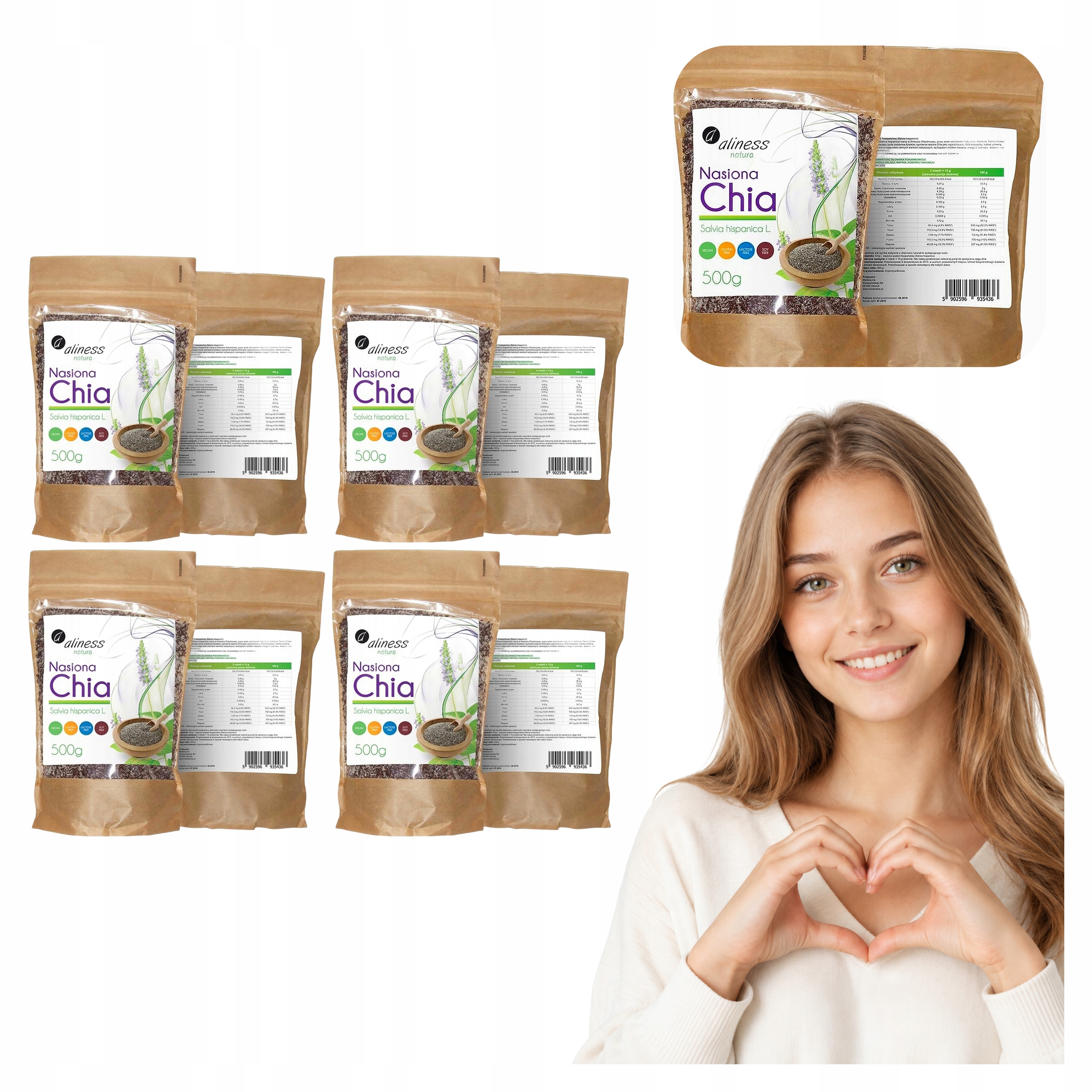 4x Nasiona Chia Aliness Szałwia Hiszpańska Omega-3 Błonnik Białko 0,5kg