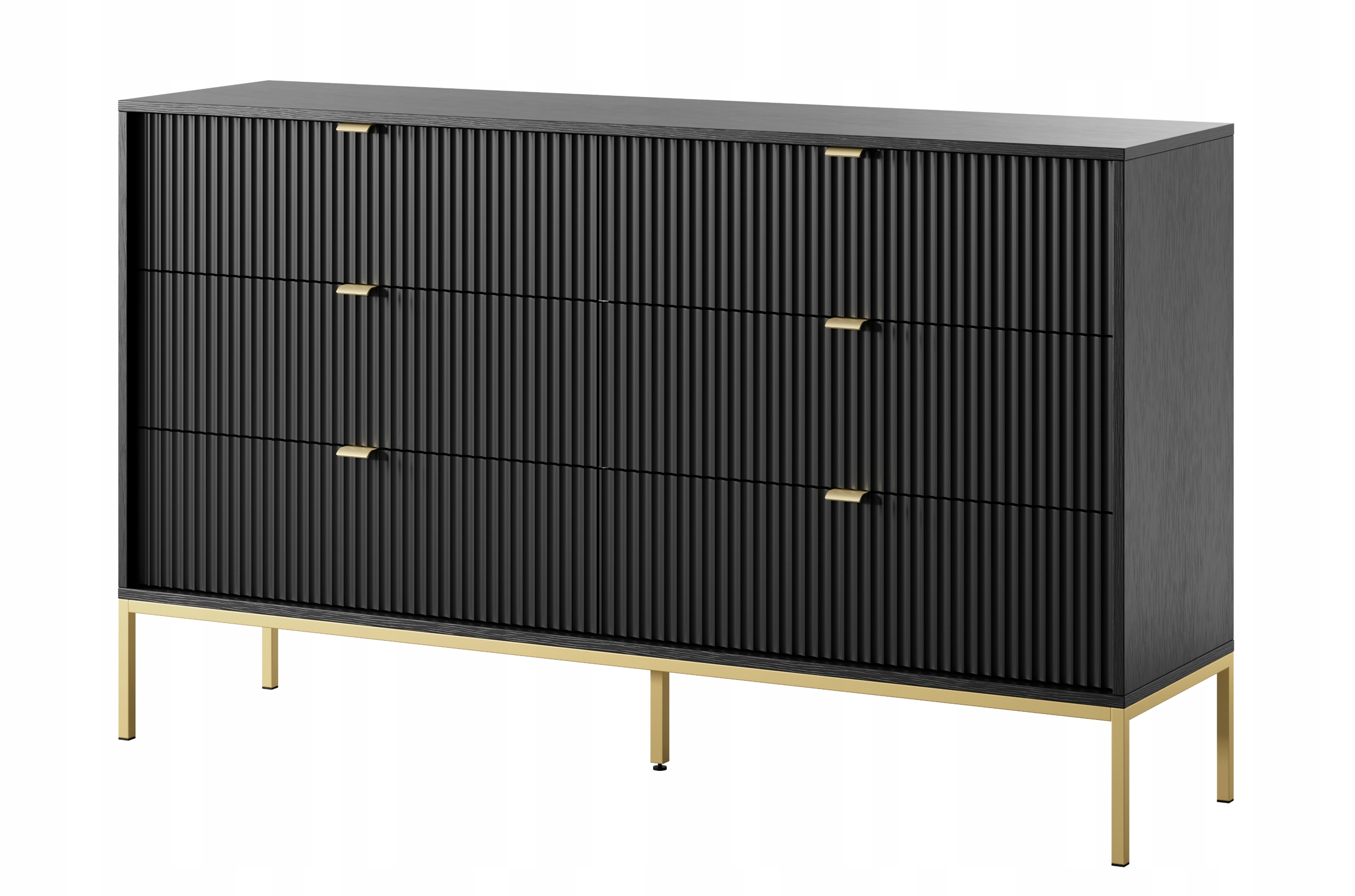 Šestizásuvková komoda Vellore 154 cm, černá, rýhovaná přední část, zlatý rám