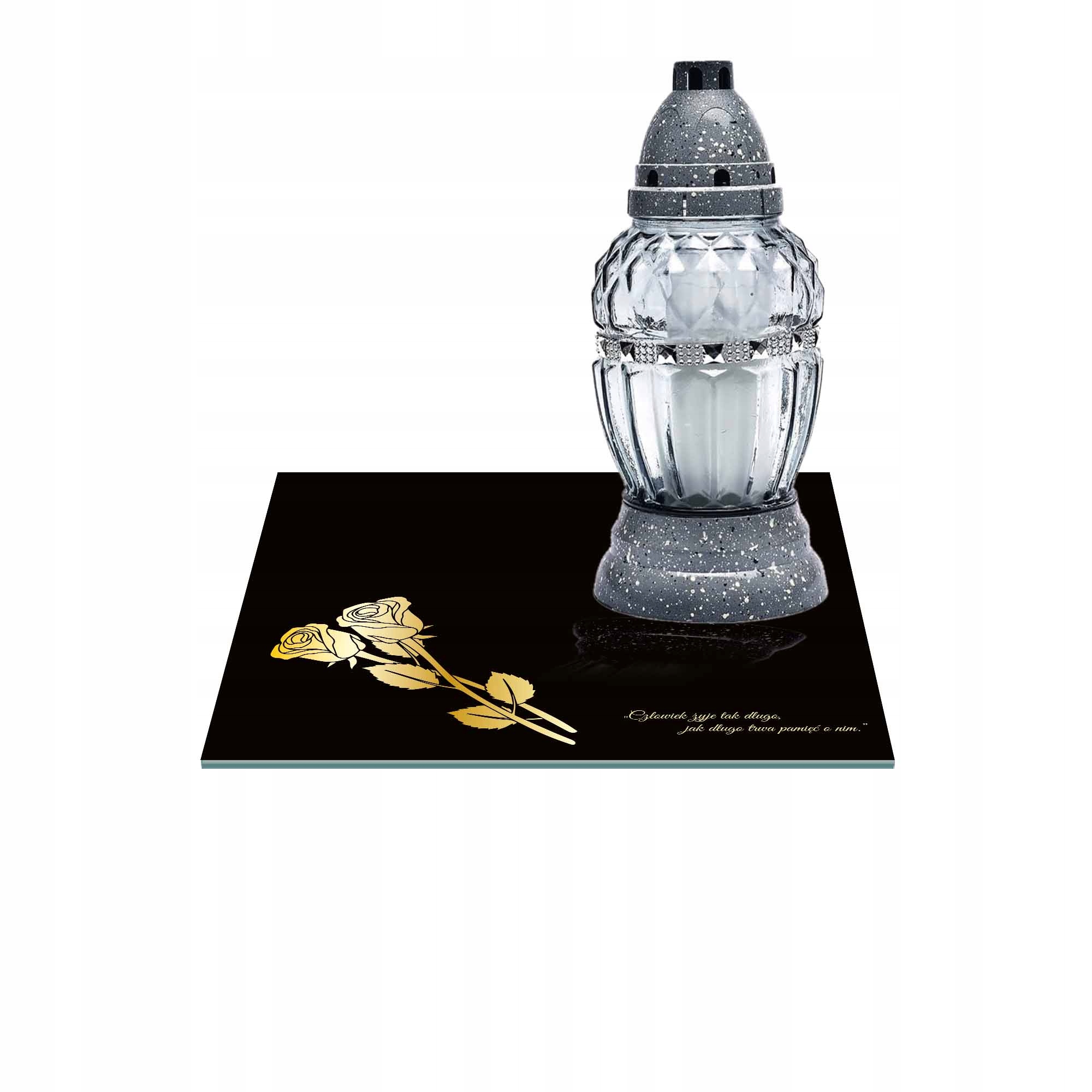 SZKLANA PODSTAWKA POD ZNICZE 35x35cm 487g + napis