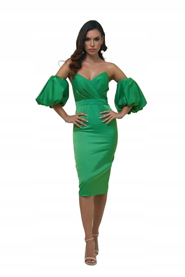 Carmen Zelené Šaty S Bufetovými Rukávy MIDI 42 5FA