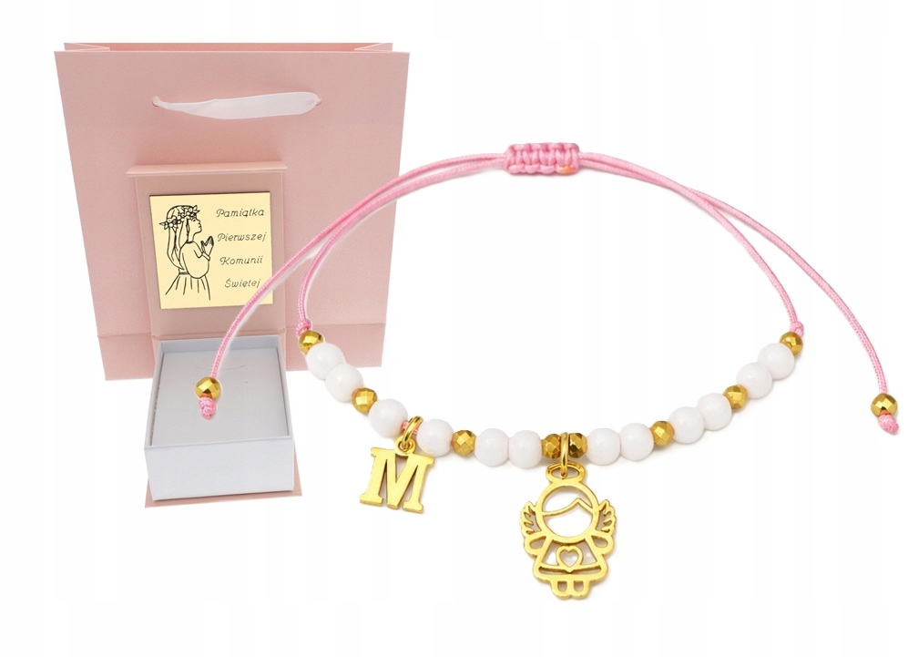 Zlatý náramek na svaté přijímání pro holčičku Anděl Písmenko provázek Gravírování