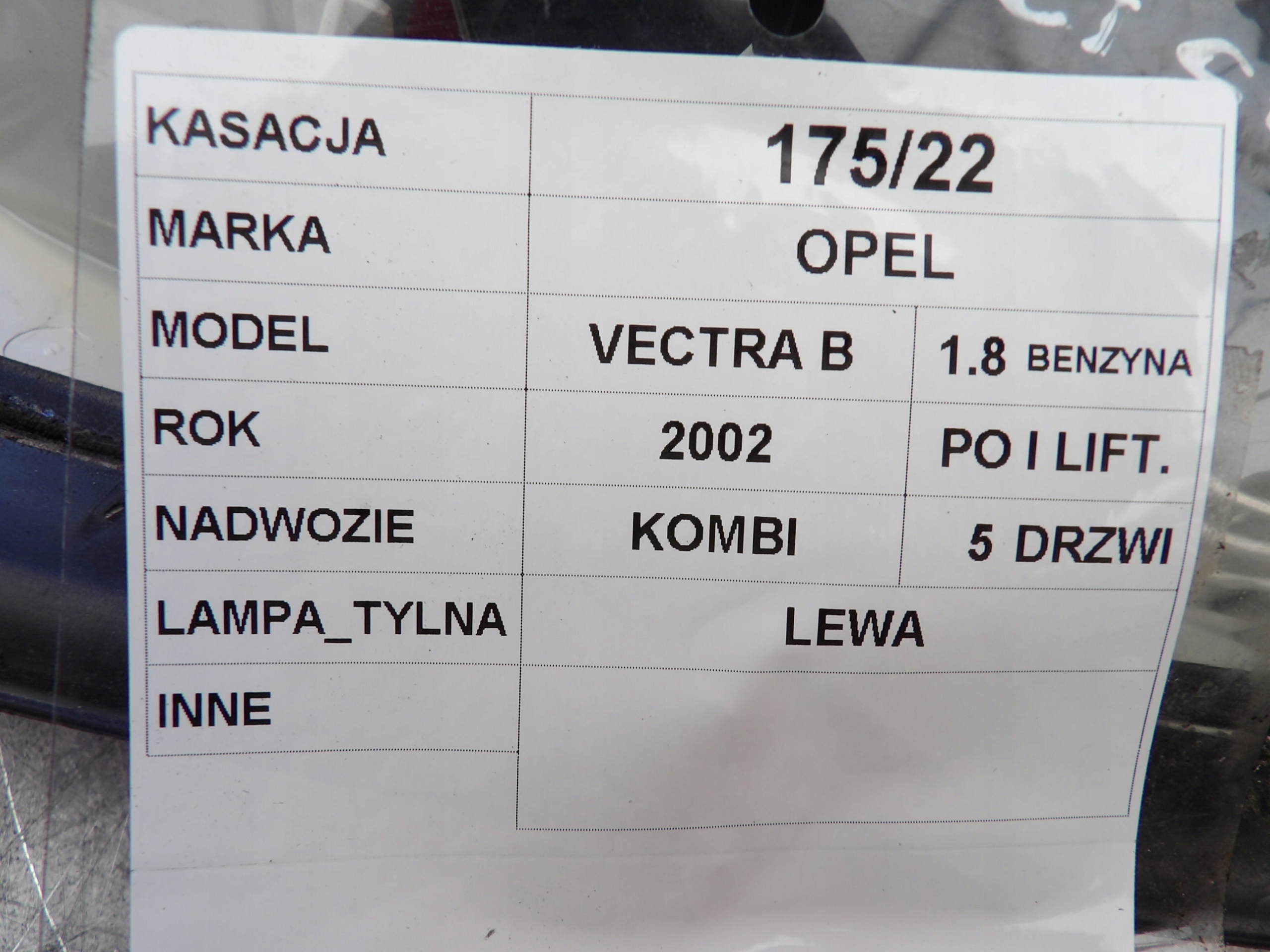 light TL Opel Vectra B 1,8B 09153153