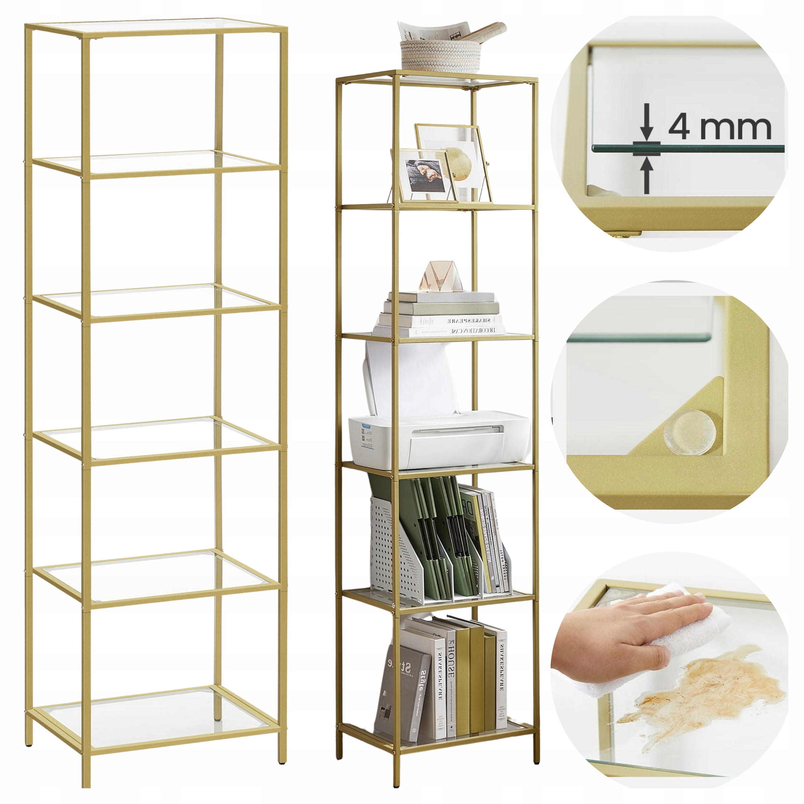 Regál 6 Políc na dekorácie, rastliny, 6 sklenených políc 40x30x177,3 cm Zlatý