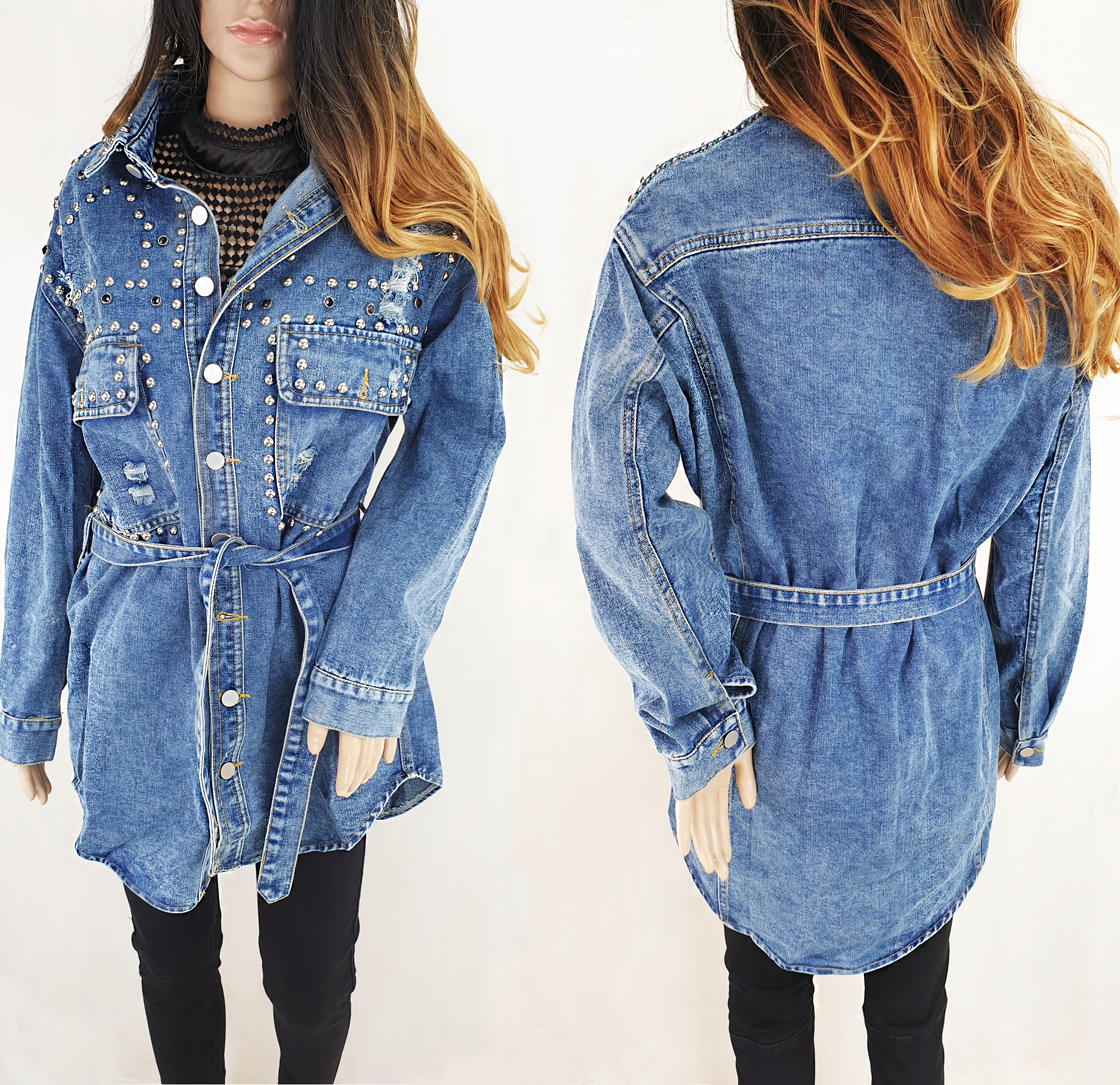 Šaty Džíny Katana S Páskem, Cvočky, Díry, M