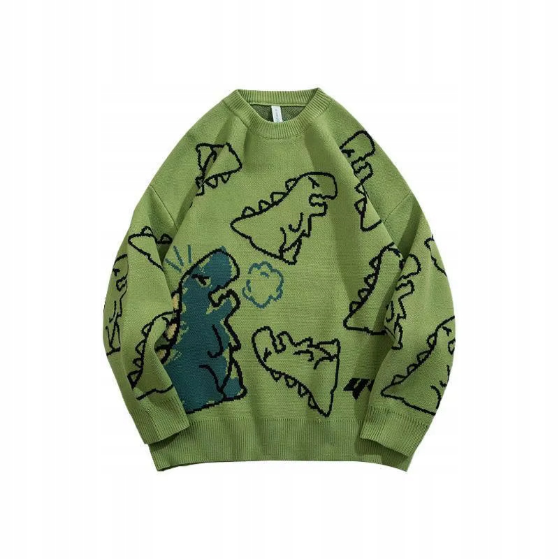 Unisex oversize svetr s dinosaurem, zelený, volný střih XL
