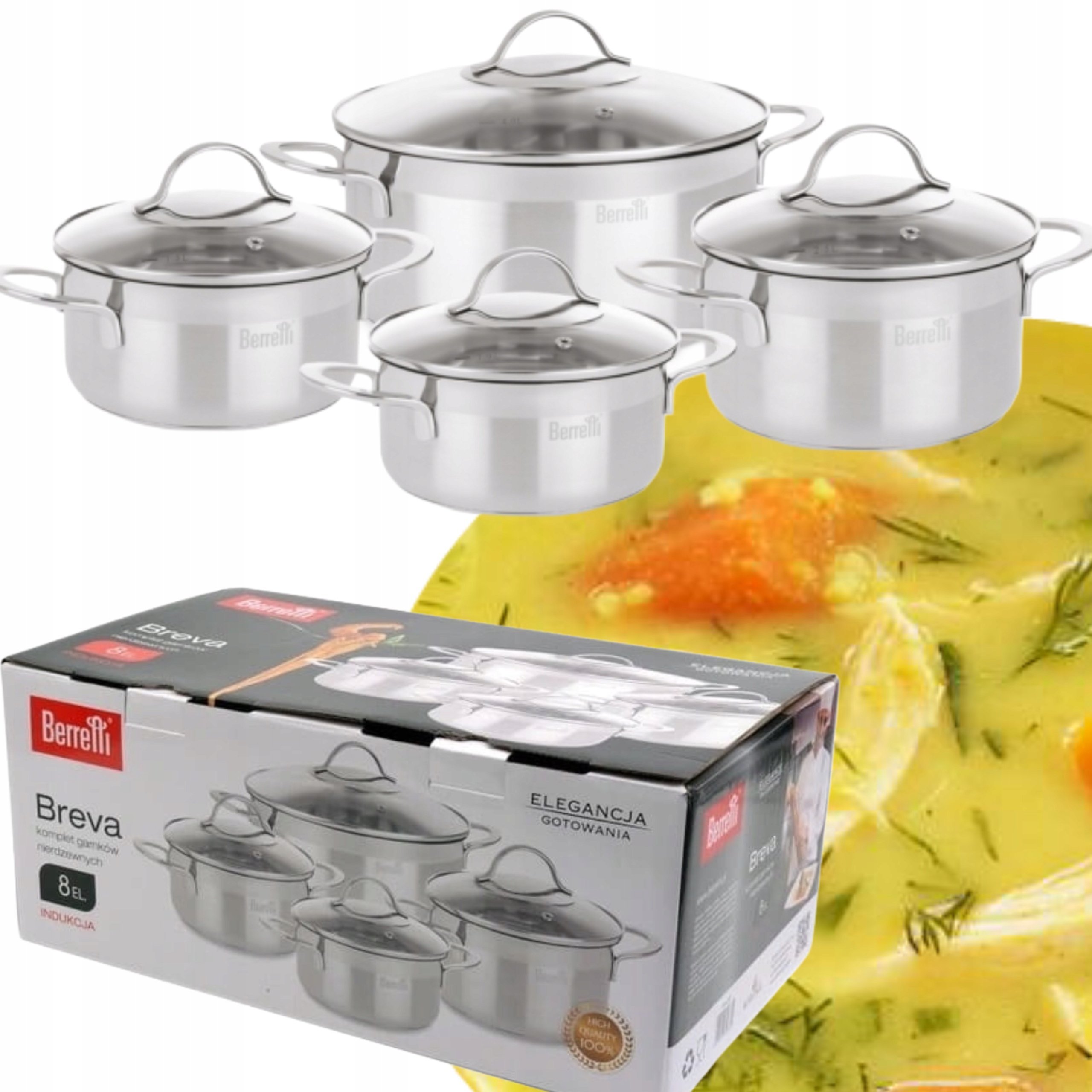 Komplet Berretti Breva 4 Oceľové Hrnce Sada 8 Elementov Inox Indukcia