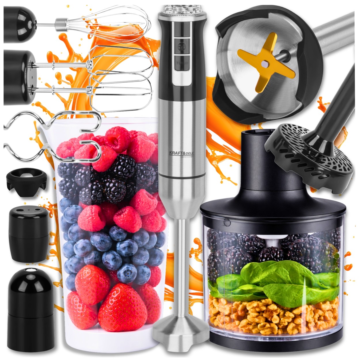 Blender Ręczny Mikser Malakser Kruszenie Lodu Tytanowe Ostrza Zestaw 9W1