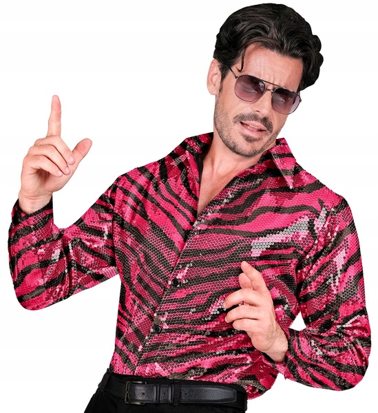 Pánská košile s flitry, zvířecí motiv tygra, fuchsiová barva, velikost S/m