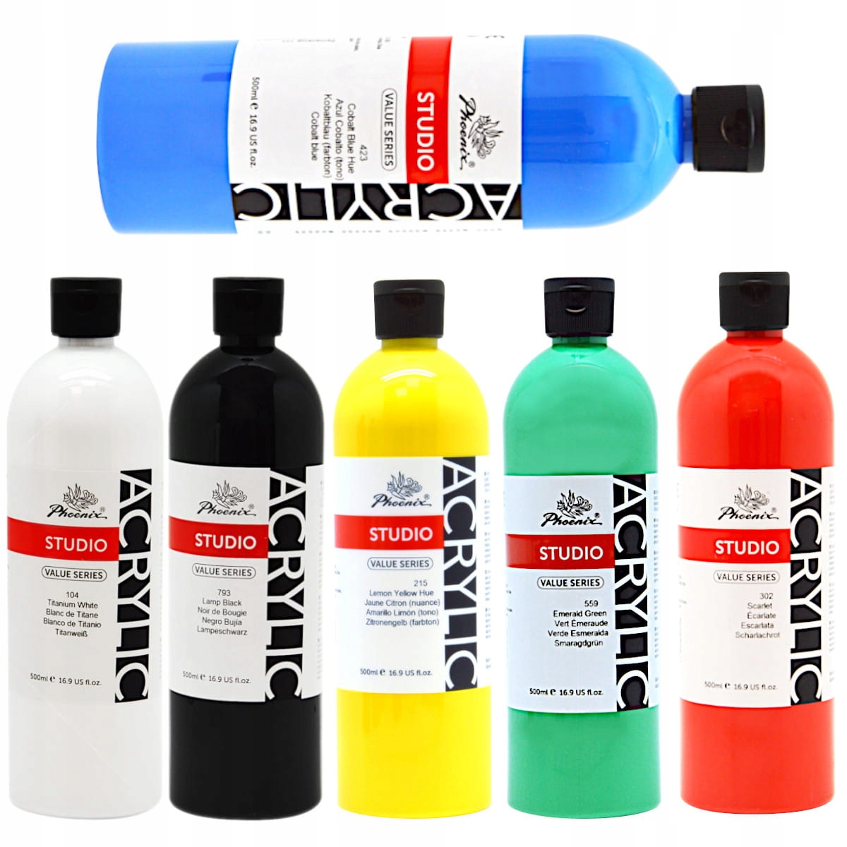 Akrylové barvy Phoenix 500ml 6 kusů Barvy Základní Sada barev