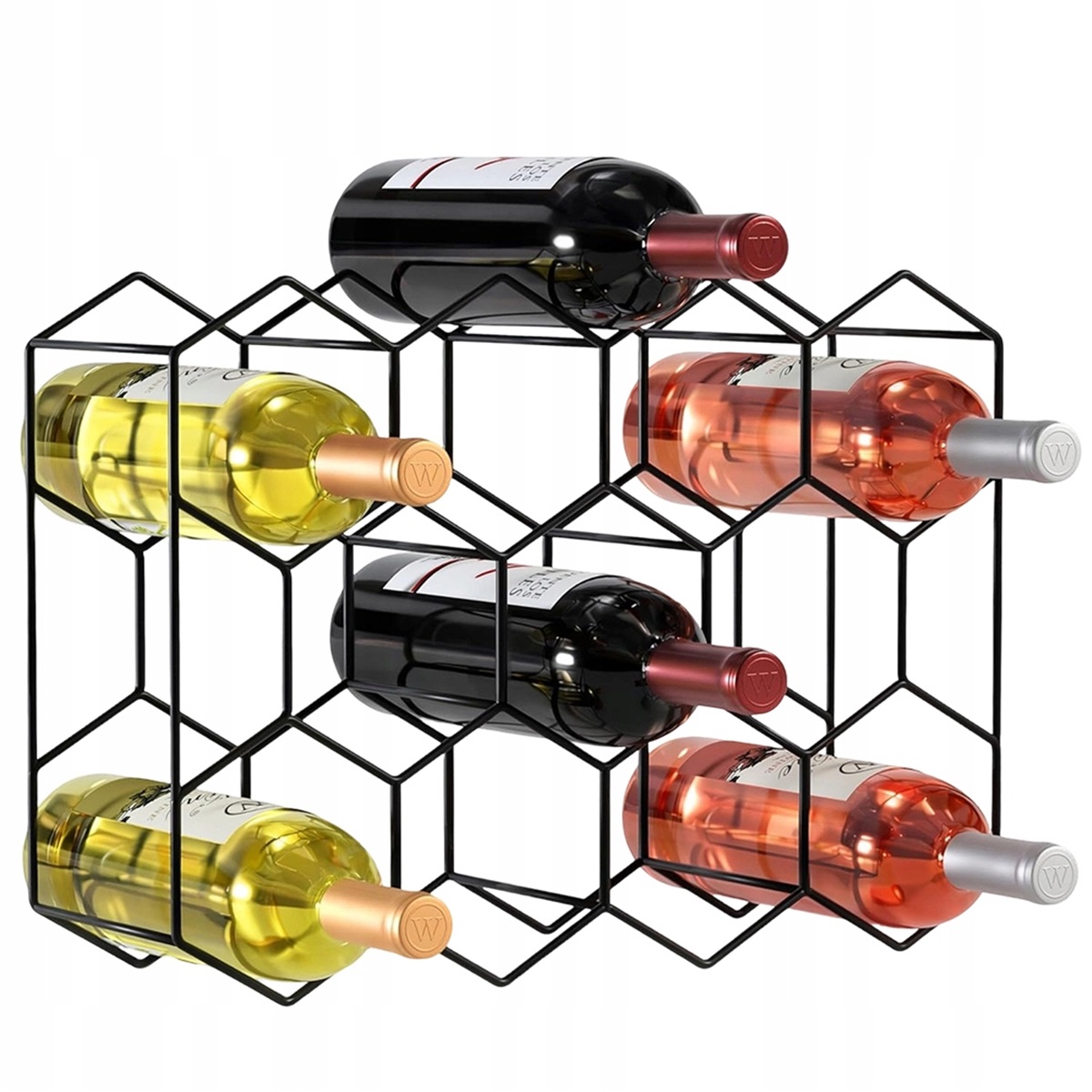 Kovový geometrický stojan na víno, 14 míst, černý, do obývacího pokoje