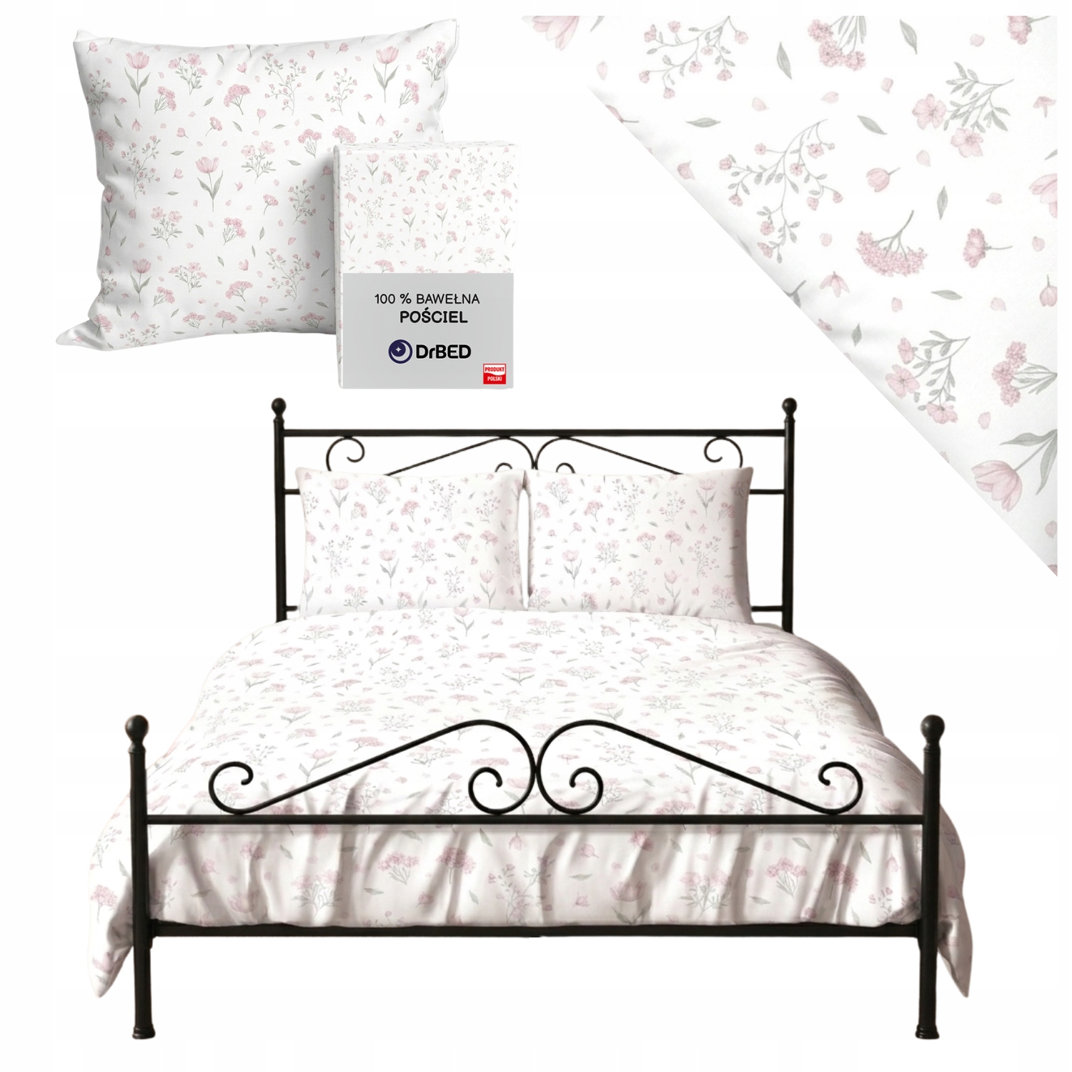 Pościel Bawełniana 160x200 na Zamek Subtelny Wzór Biała W Różowe Kwiaty