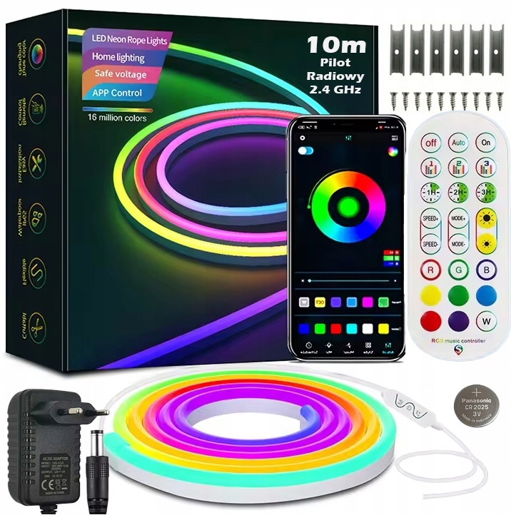 TAŚMA LED NEON 10M (1x10) APLIKACJA BLUETOOTH RGB PILOT RADIOWY 2.4GHz 24V