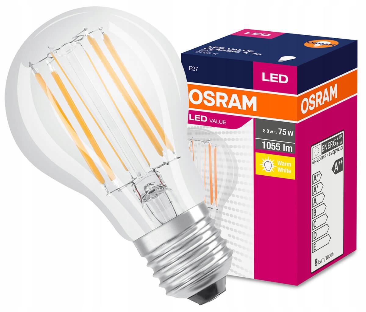 

Żarówka Led Filament E27 8W 75W A60 2700K Osram