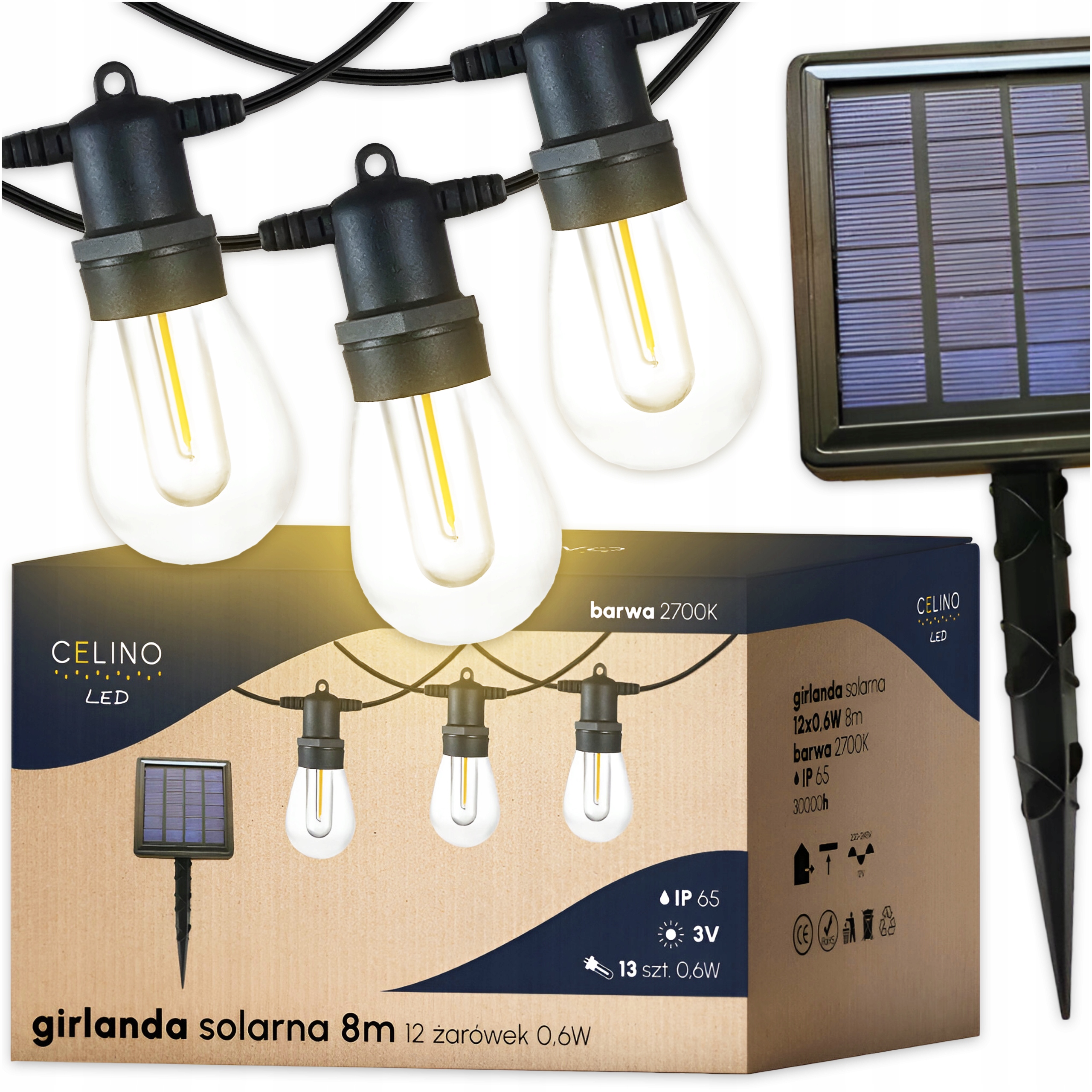 Girlanda Solarna ogrodowa LED 7,6m 12 żarówek łańcuch świetlny WODOSZCZELNA
