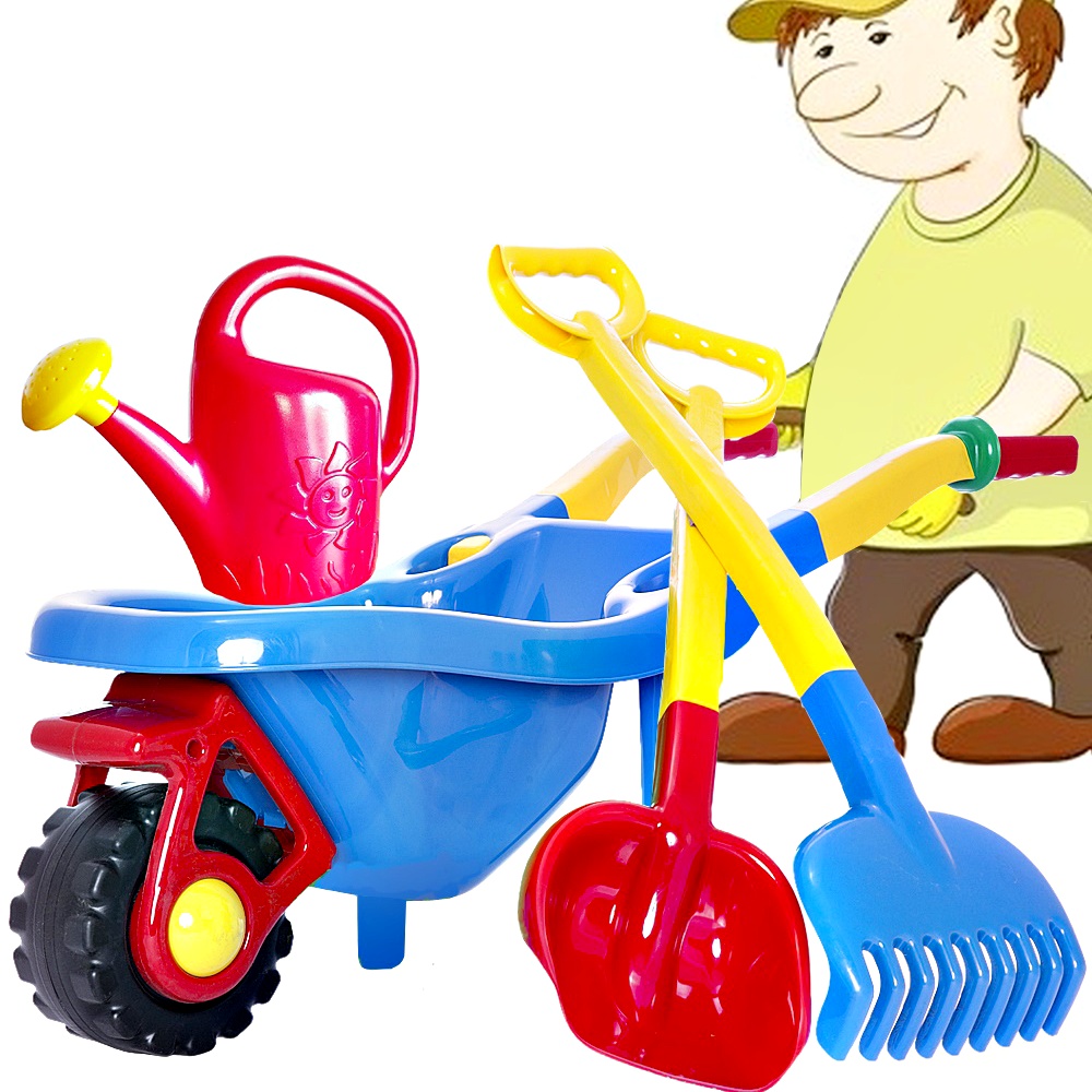 DUŻA TACZKA OGRODOWA DO PIASKU + ŁOPATA + GRABIE + KONEWKA NT